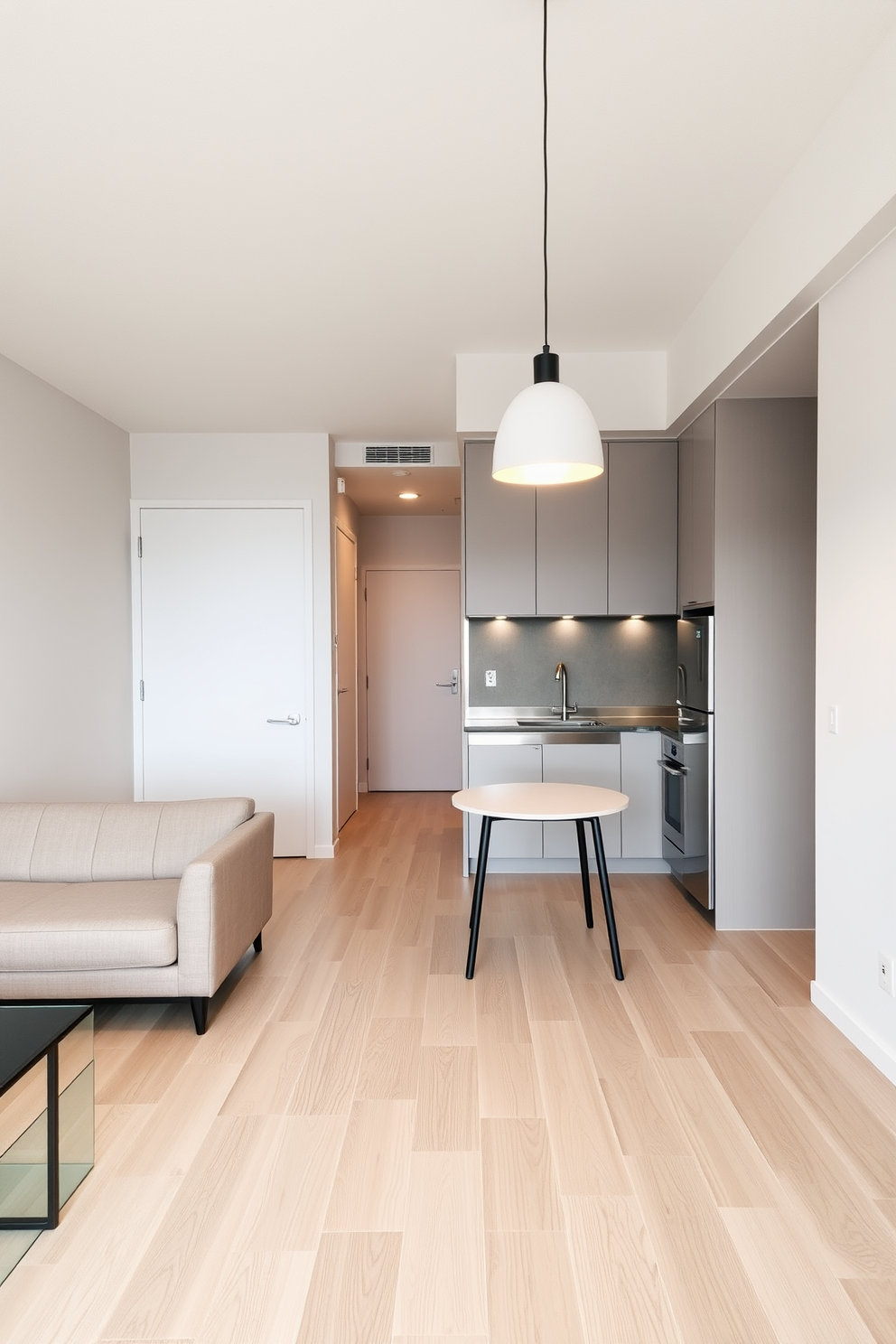 A sleek bachelor apartment featuring an open layout with a neutral color palette. The living area includes a low-profile sofa and a glass coffee table, while a compact dining table sits adjacent to the kitchen. The kitchen boasts modern stainless steel appliances and minimalist cabinetry with a matte finish. A single pendant light hangs above the dining table, adding a touch of warmth to the space.