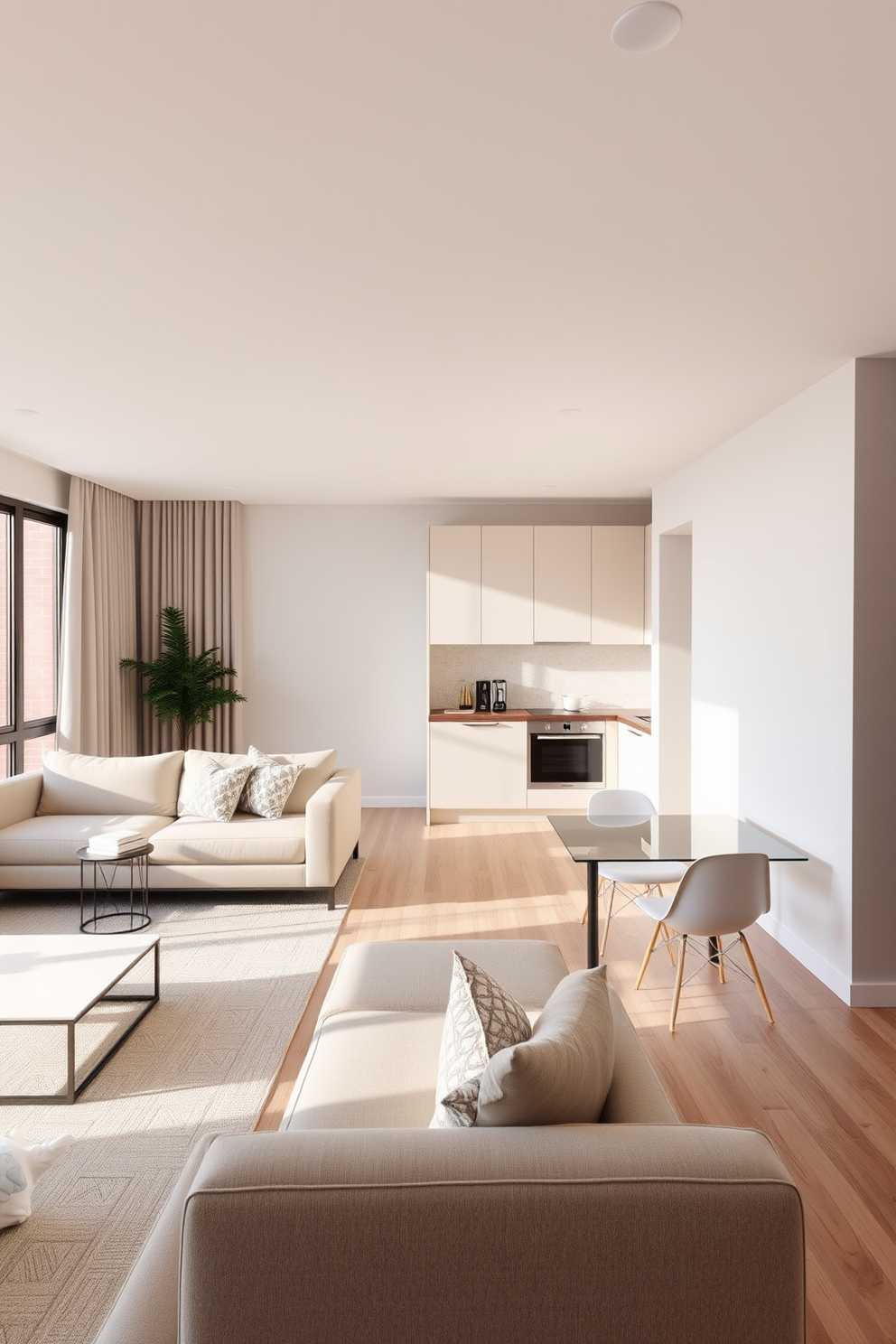 A serene bachelor apartment featuring a neutral color palette with soft beige and warm gray tones. The living area includes a comfortable sectional sofa paired with a sleek coffee table, and large windows allow natural light to fill the space. In the kitchen, minimalist cabinetry complements the open layout, with a subtle backsplash adding texture. A small dining table with modern chairs sits adjacent to the kitchen, creating an inviting area for meals.