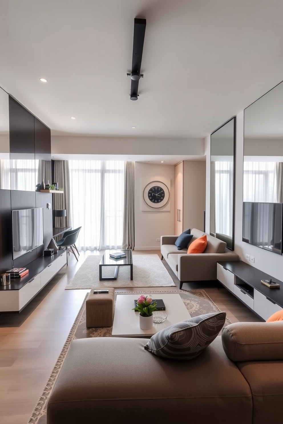 A stylish bachelor apartment featuring floating shelves on the walls for decor display. The shelves are adorned with a mix of books, plants, and unique decorative items, creating a personalized and inviting atmosphere.