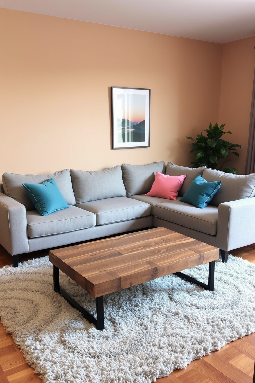 A cozy sectional sofa is positioned in the center of a stylish bachelor apartment. The sofa features soft gray upholstery and is adorned with colorful throw pillows for added comfort. A sleek coffee table made of reclaimed wood sits in front of the sofa, complemented by a plush area rug underneath. The walls are painted in a warm beige tone, and modern artwork hangs above the sofa, adding a touch of personality to the space.