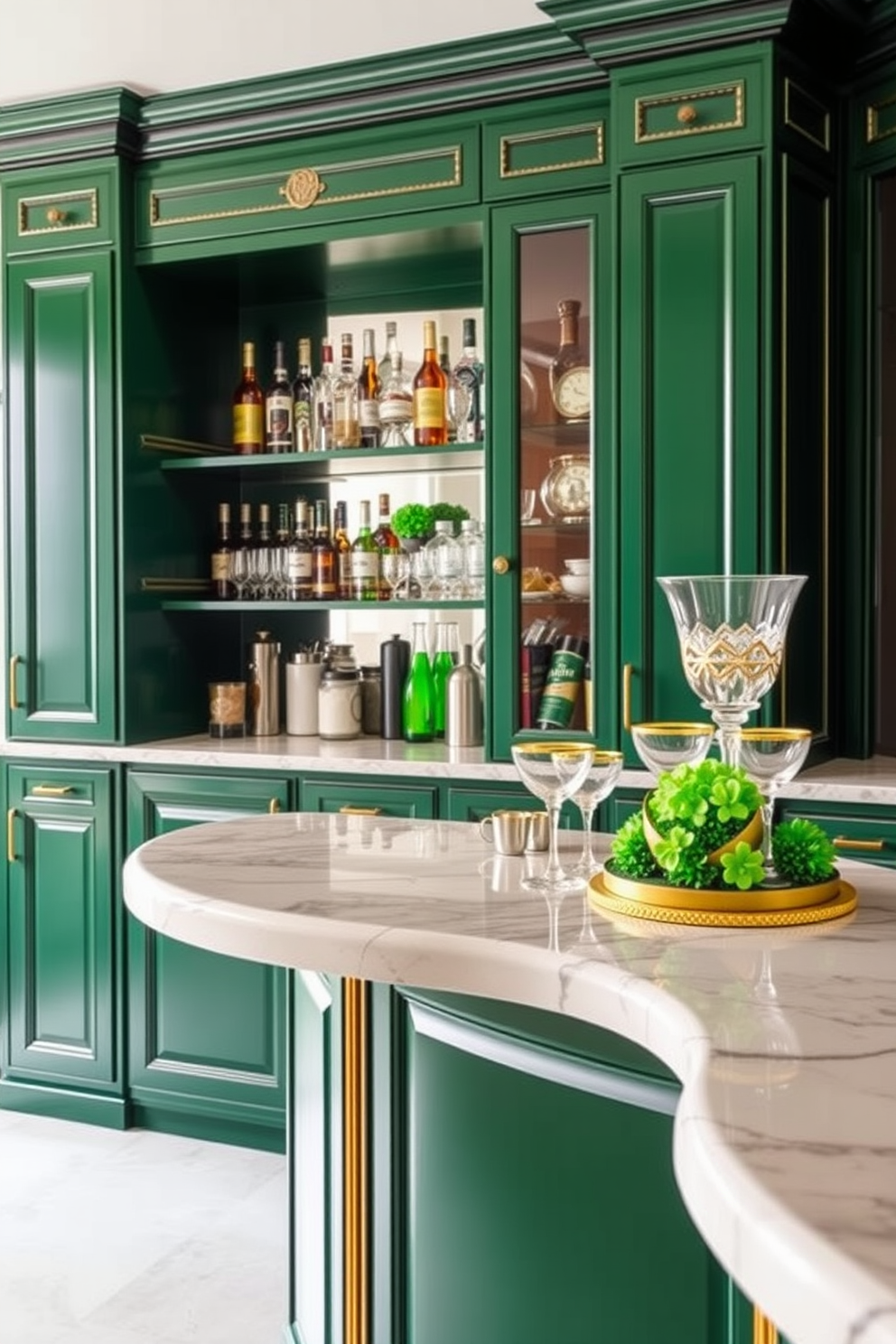 A stylish bar area designed for St. Patrick's Day celebrations features a rich green bar cabinet with gold accents. The countertop is adorned with festive decorations including shamrock centerpieces and gold-rimmed glassware.