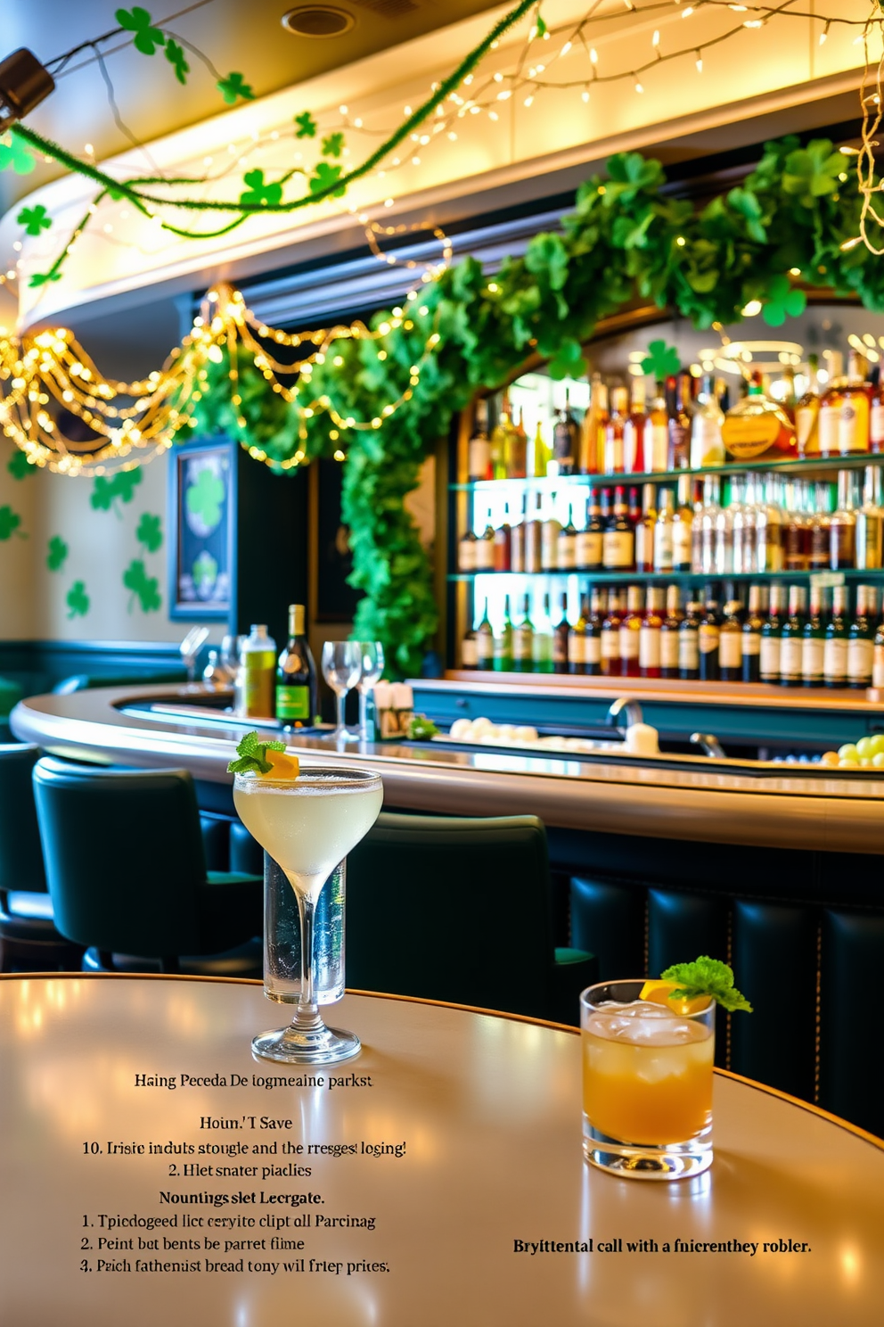 A vibrant bar area adorned with green balloons creates a playful atmosphere perfect for St. Patrick's Day celebrations. The balloons are clustered around the bar, complementing the festive decor that includes shamrock motifs and gold accents.