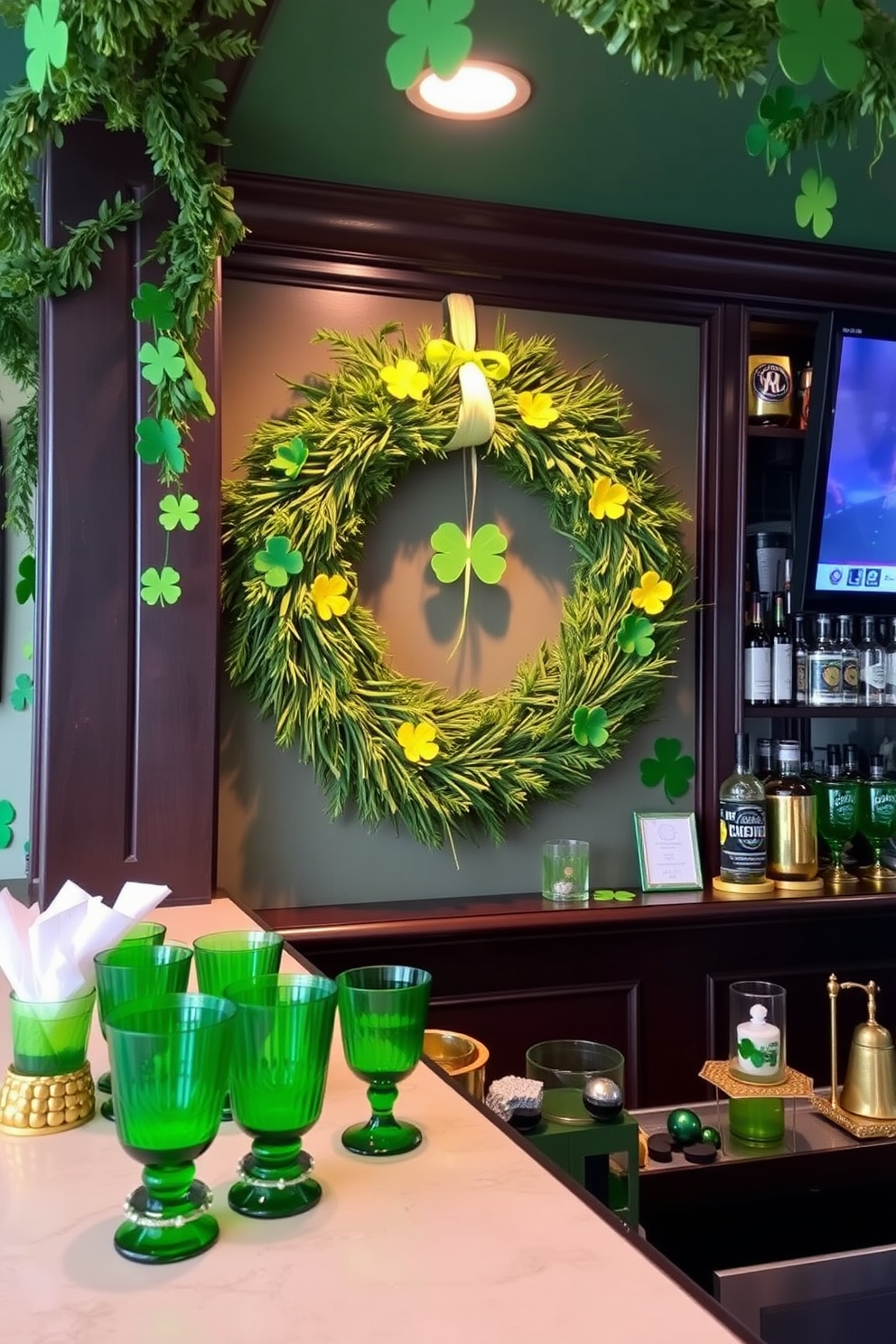 A stylish bar area adorned with gold foil fringe curtains that catch the light and add a touch of sparkle. The space features a sleek bar cart with green and gold accents, perfect for St. Patrick's Day celebrations.