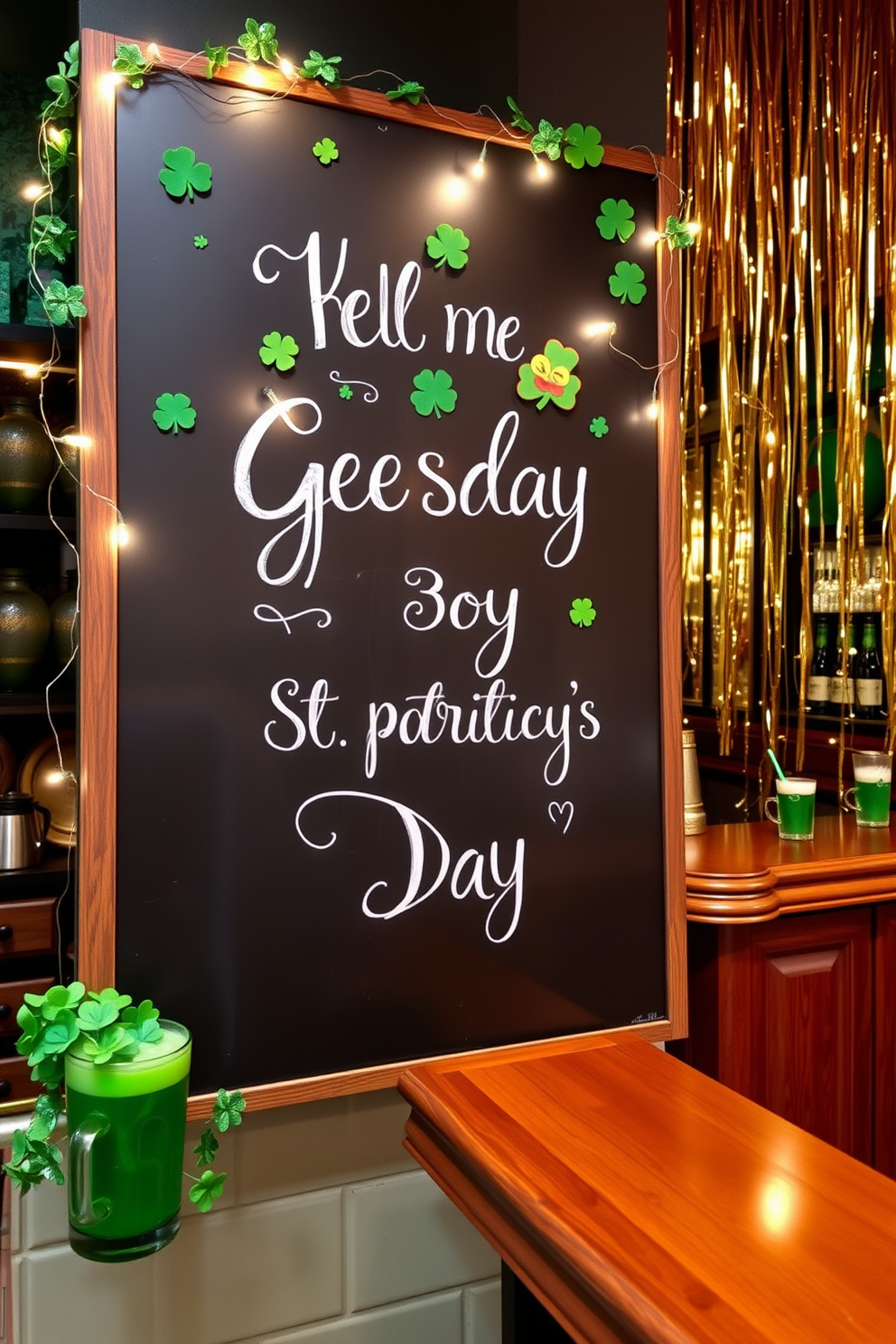 Chalkboard sign displaying festive greetings in elegant script. The sign is adorned with green and gold accents, surrounded by small shamrocks and twinkling fairy lights, creating a cheerful atmosphere for St. Patrick's Day celebrations. The bar area features a polished wood countertop with a variety of green beverages and traditional Irish decorations. A backdrop of shimmering gold streamers enhances the festive vibe, while cozy seating invites guests to enjoy the festivities.