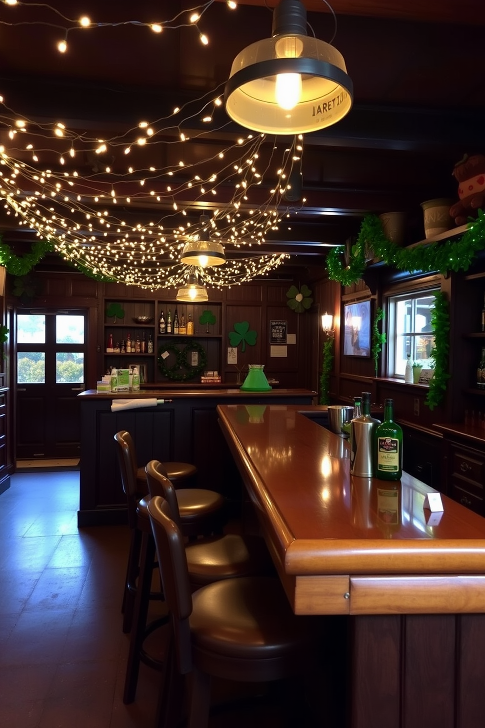 A charming bar area decorated for St. Patrick's Day featuring miniature pots of gold as table decor. The pots are filled with vibrant green shamrocks and arranged on a rustic wooden table adorned with festive green and gold accents.