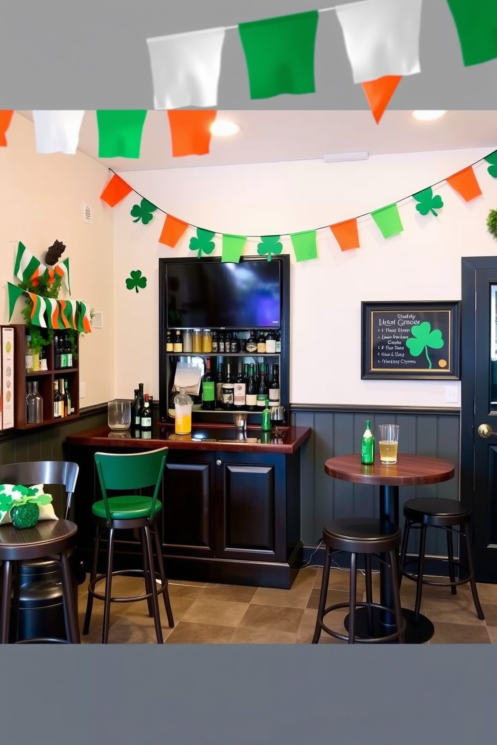 A stylish bar area featuring table runners adorned with intricate Celtic knot patterns. The space is decorated for St. Patrick's Day with green accents, festive garlands, and elegant glassware.