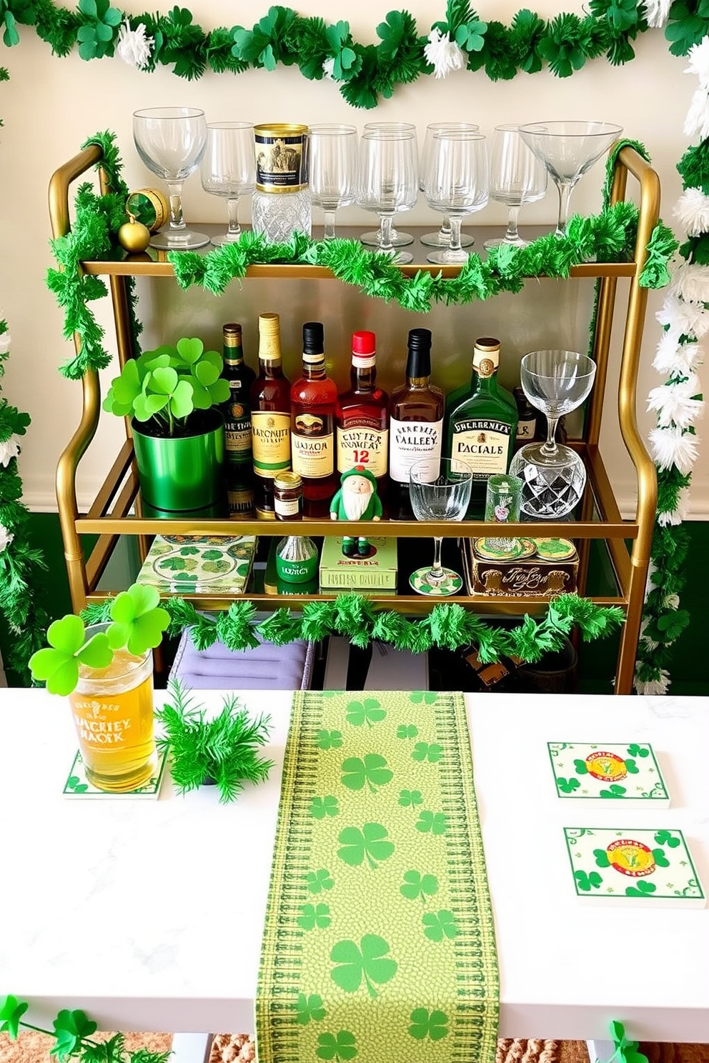 Create a cozy bar area adorned with green LED string lights to enhance the ambiance. The space features a sleek wooden bar with high stools and St. Patrick's Day decorations, including shamrocks and festive garlands.