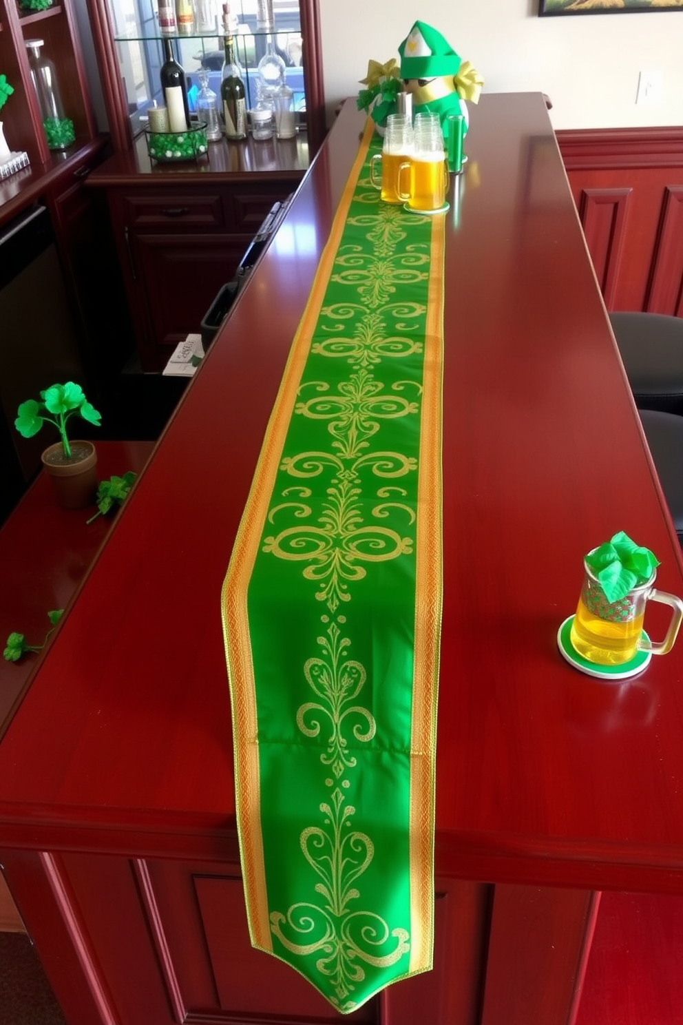 A vibrant green table runner with elegant gold accents drapes across a polished wooden bar counter. Surrounding the runner are festive St. Patrick's Day decorations, including small potted shamrocks and golden beer mugs.