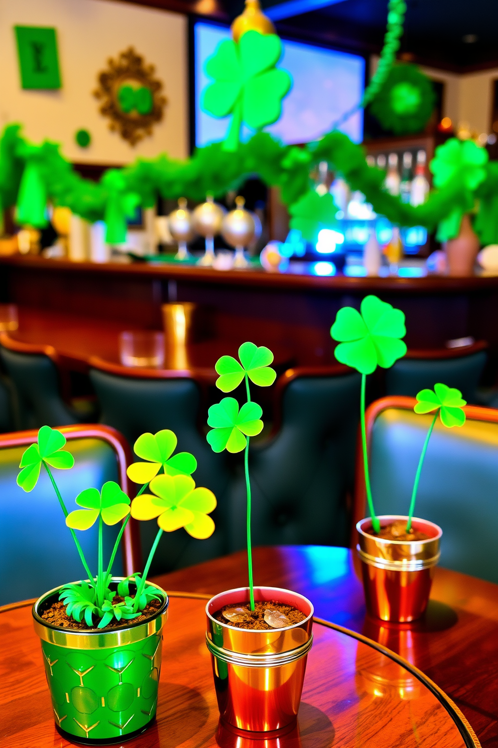 A charming bar area decorated for St. Patrick's Day features potted shamrocks as vibrant table centerpieces. The bar is adorned with green and gold accents, creating a festive atmosphere perfect for celebrating the occasion.