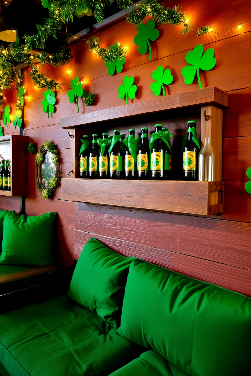 A vibrant bar area designed for St. Patrick's Day celebration. The space features beer bottles wrapped in green paper, arranged neatly on a rustic wooden shelf. The walls are adorned with festive decorations, including shamrocks and twinkling fairy lights. A cozy seating arrangement with green cushions invites guests to enjoy the festive atmosphere.