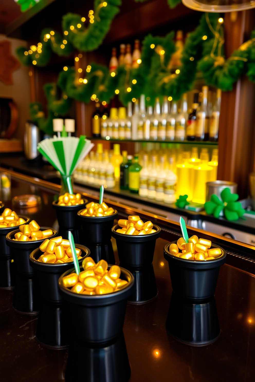 Mini pots of gold candy are arranged neatly on the bar, adding a festive touch for St. Patrick's Day. The bar area features green and gold decorations, with twinkling fairy lights creating a warm ambiance.