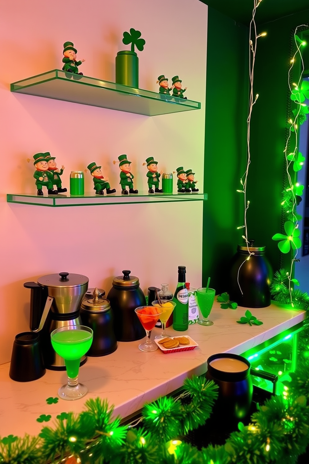 Mini leprechaun figurines are playfully arranged on floating shelves, adding a whimsical touch to the bar area. The shelves are adorned with green and gold accents, complementing the festive St. Patrick's Day theme. The bar countertop features a vibrant display of themed cocktails and snacks, inviting guests to celebrate. Decorative elements like shamrock garlands and twinkling fairy lights create a warm and festive atmosphere.