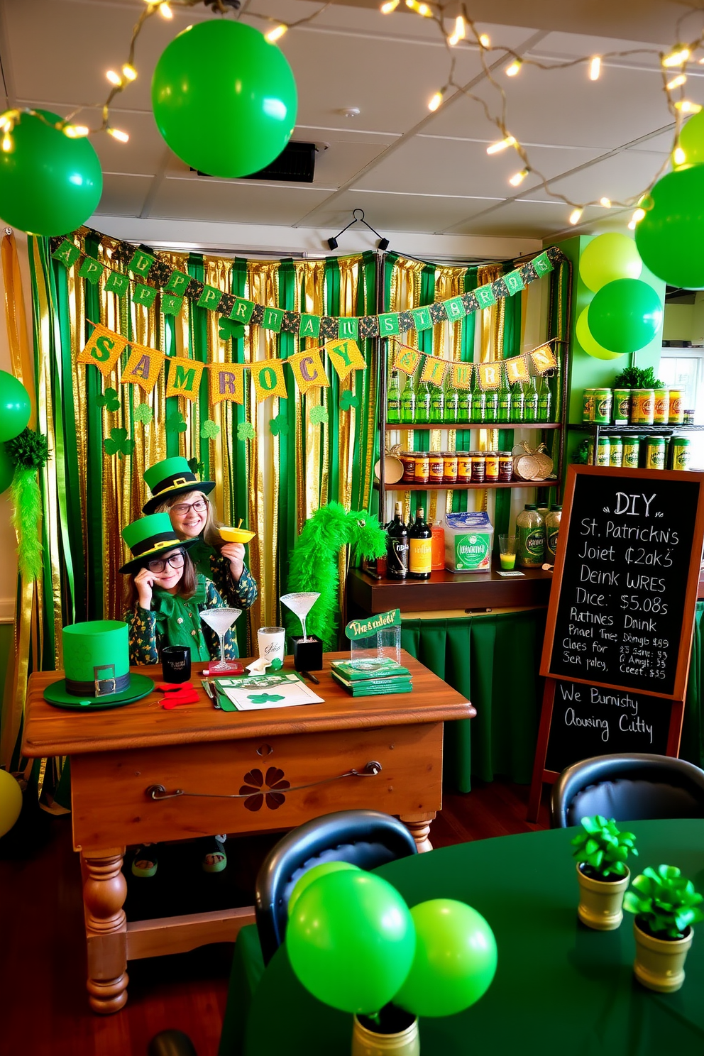 A vibrant DIY St. Patrick's Day photo booth area features a backdrop of green and gold streamers adorned with shamrocks and festive banners. In front of the backdrop, a rustic wooden table is set up with props like leprechaun hats, oversized glasses, and green feather boas for guests to use. The bar area is decorated with a mix of green tablecloths and gold accents, creating an inviting atmosphere. Shelves are lined with green cocktails and festive drinks, while a chalkboard sign displays St. Patrick's Day drink specials. St. Patrick's Day decorating ideas include hanging green and gold balloons from the ceiling and placing small potted shamrocks on tables. Twinkling fairy lights are draped around the room to add a magical touch to the festive celebration.