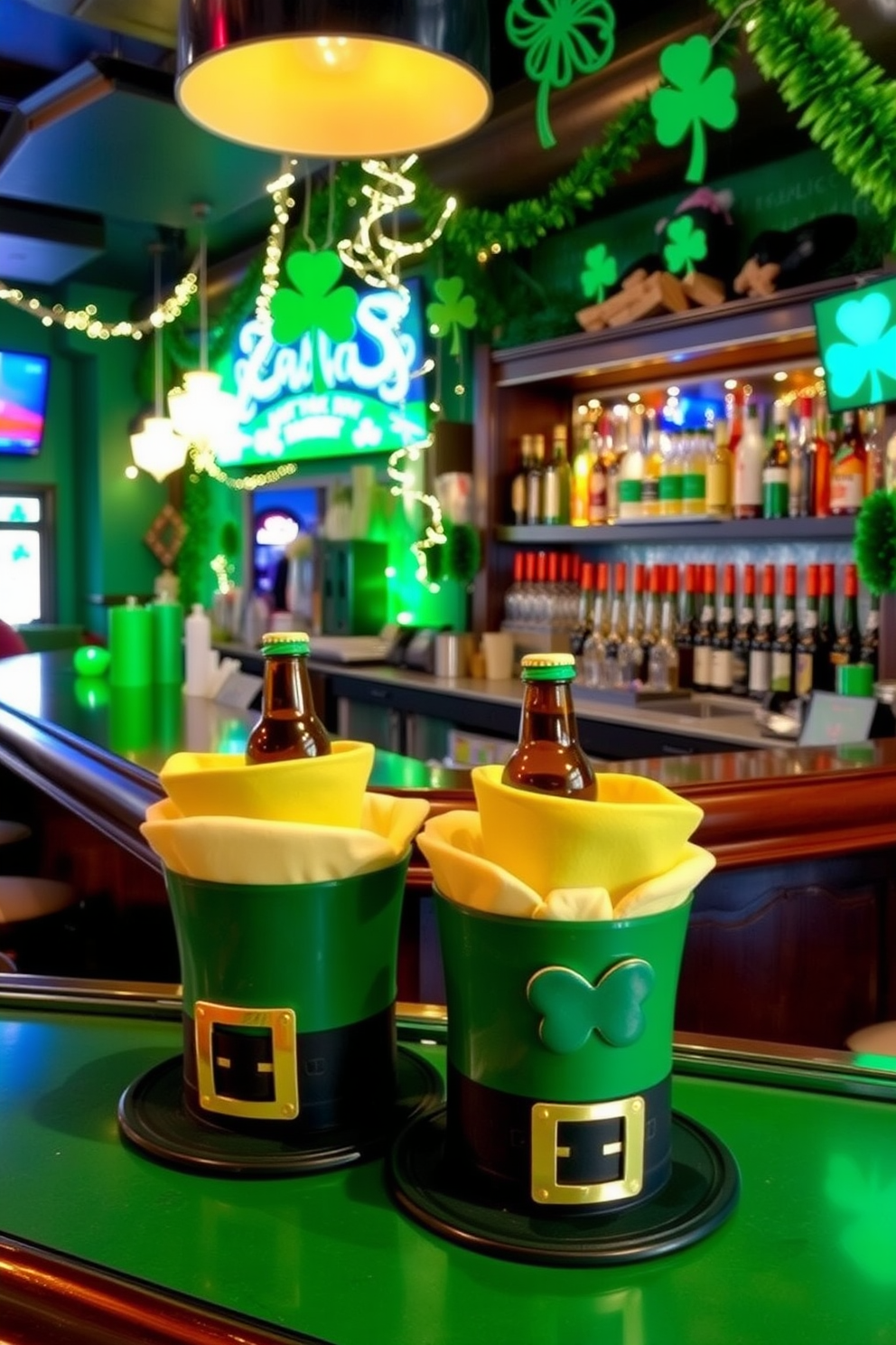 A vibrant bar area designed for St. Patrick's Day festivities. Leprechaun hats are creatively repurposed as drink coolers, adding a whimsical touch to the space. The bar features green accents and festive decorations throughout. Twinkling lights and shamrock motifs enhance the celebratory atmosphere.