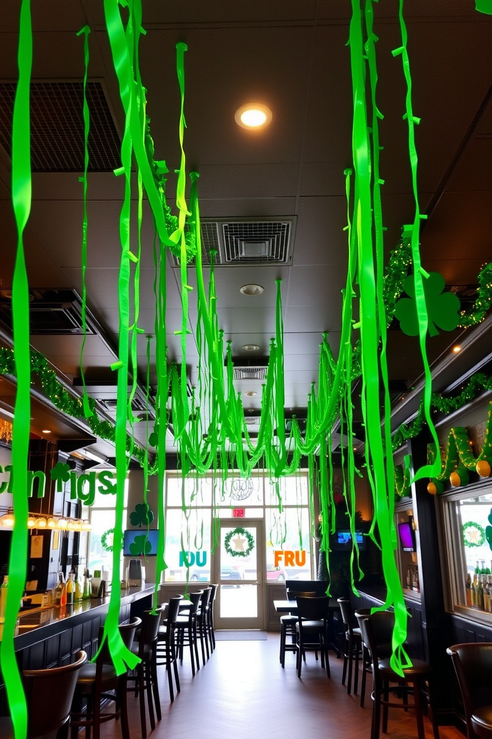 A vibrant bar area designed for a tabletop game night with a St. Patrick's Day twist. The space features a rustic wooden bar with green accents, adorned with festive decorations such as shamrocks and gold coins. On the wall behind the bar, shelves display an array of Irish-themed drinks and glassware. A large banner reading 