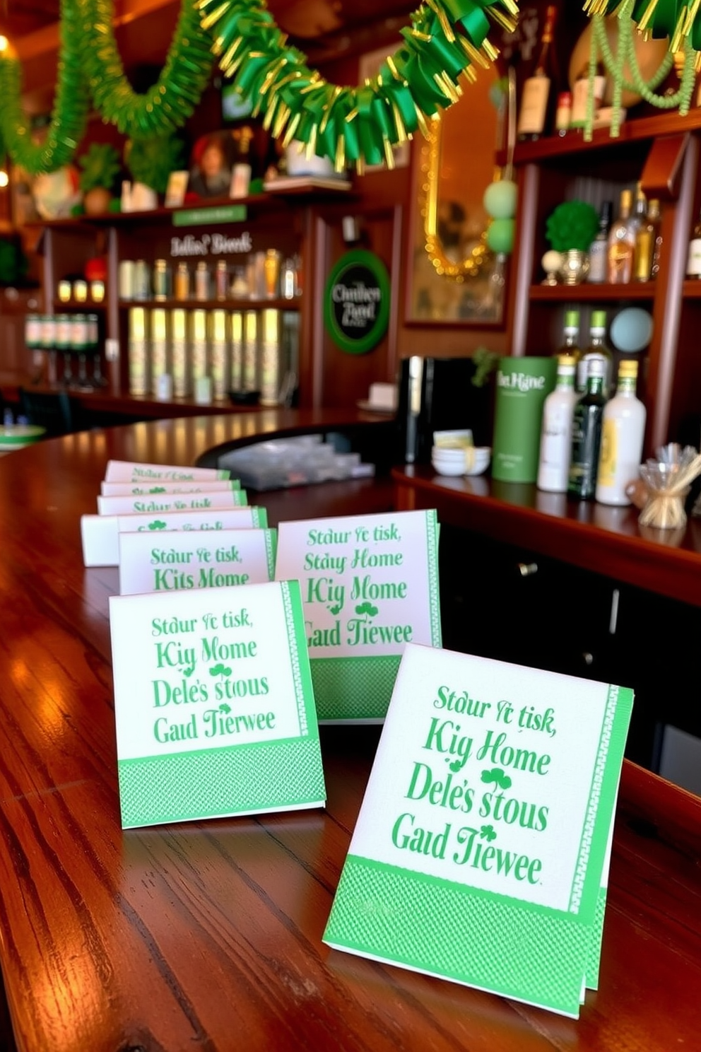 Festive napkins featuring charming Irish sayings are elegantly displayed on a rustic wooden bar counter. The bar area is adorned with green and gold decorations, creating a cheerful atmosphere perfect for St. Patrick's Day celebrations.