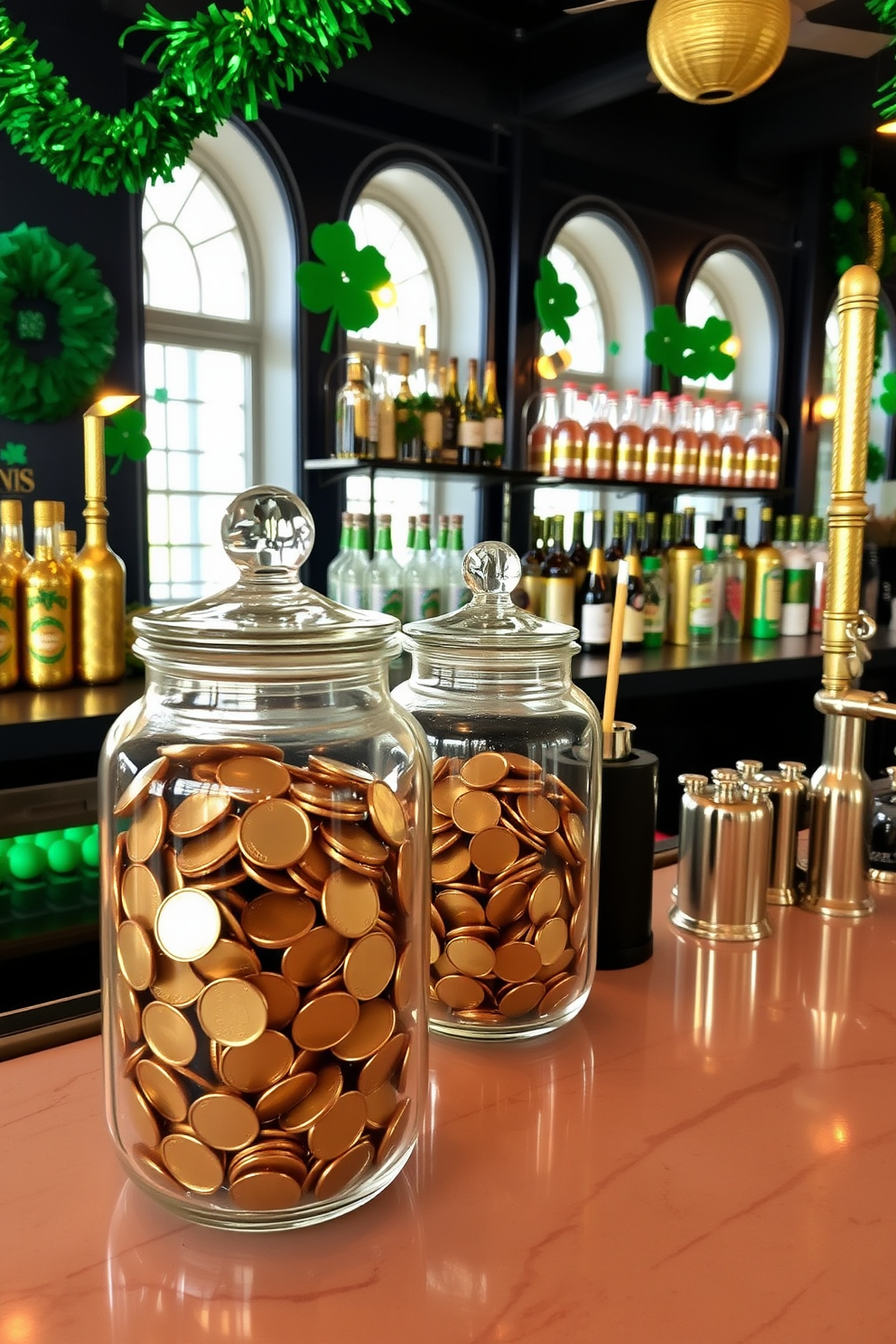 A stylish bar area featuring decorative glass jars filled with shimmering gold coins. The space is adorned with festive St. Patrick's Day decorations, including green and gold accents that create a vibrant atmosphere.