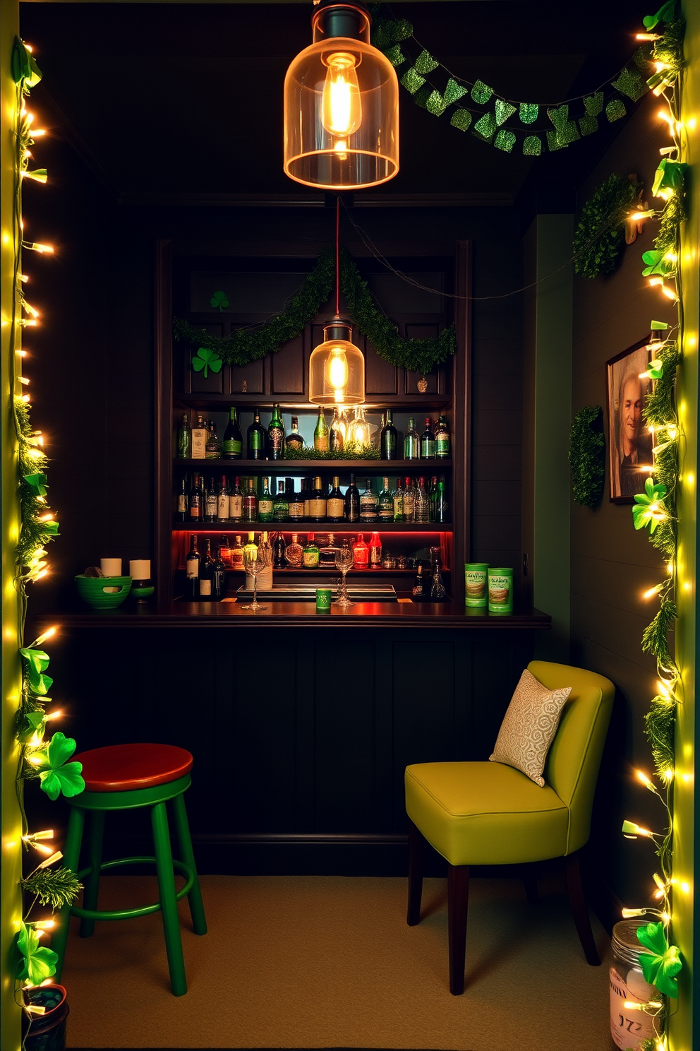 A stylish bar area adorned with decorative lanterns featuring vibrant green accents. The space is illuminated softly by the warm glow of the lanterns, creating an inviting atmosphere perfect for St. Patrick's Day celebrations.