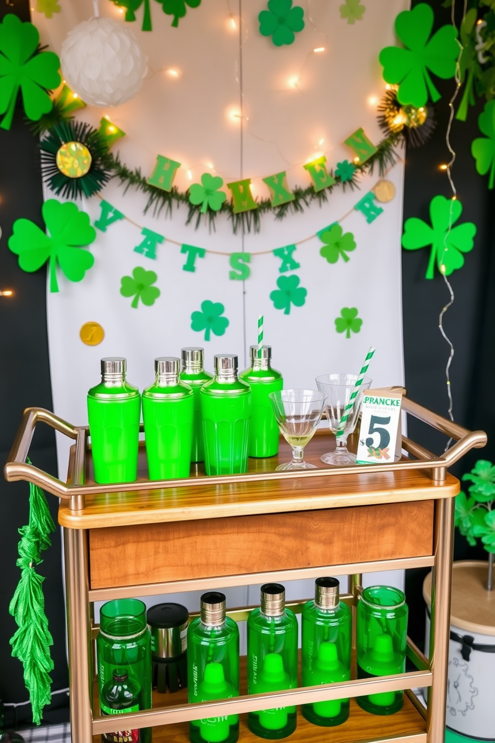 A festive bar area themed for St. Patrick's Day features a collection of vibrant green cocktail shakers displayed on a polished wooden bar cart. The backdrop is adorned with playful decorations such as shamrocks, gold coins, and twinkling fairy lights, creating a lively atmosphere for celebrations.