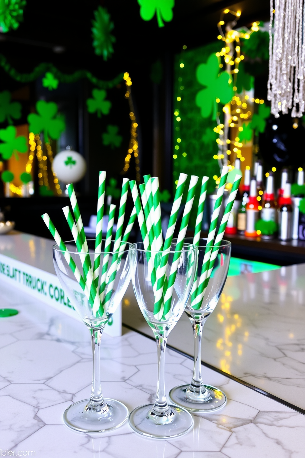 A vibrant bar area decorated for St. Patrick's Day features a stylish countertop adorned with green and white striped straws in elegant glasses. The backdrop showcases festive green accents, including shamrock decorations and twinkling fairy lights to create a lively atmosphere.