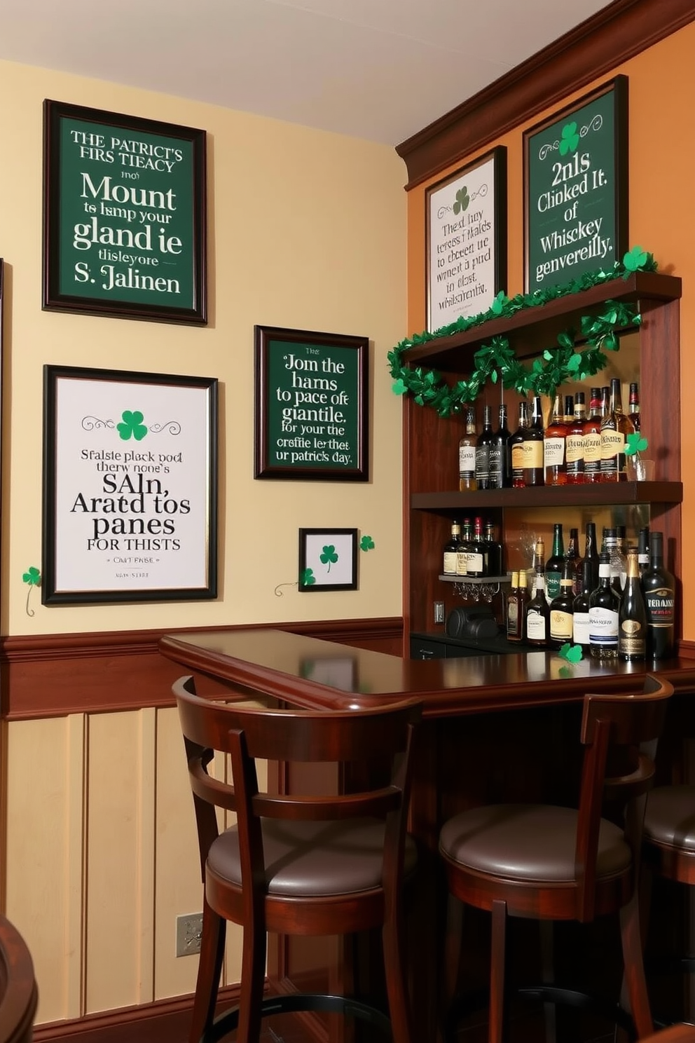 A cozy bar area adorned with wall art featuring Irish quotes and symbols. The walls are painted in a warm cream color, and the bar is made of dark wood with high-backed stools. The decor includes framed prints of traditional Irish sayings, complemented by small green and gold accents. A festive St. Patrick's Day theme is created with shamrock garlands and a selection of Irish whiskey displayed prominently on the shelves.