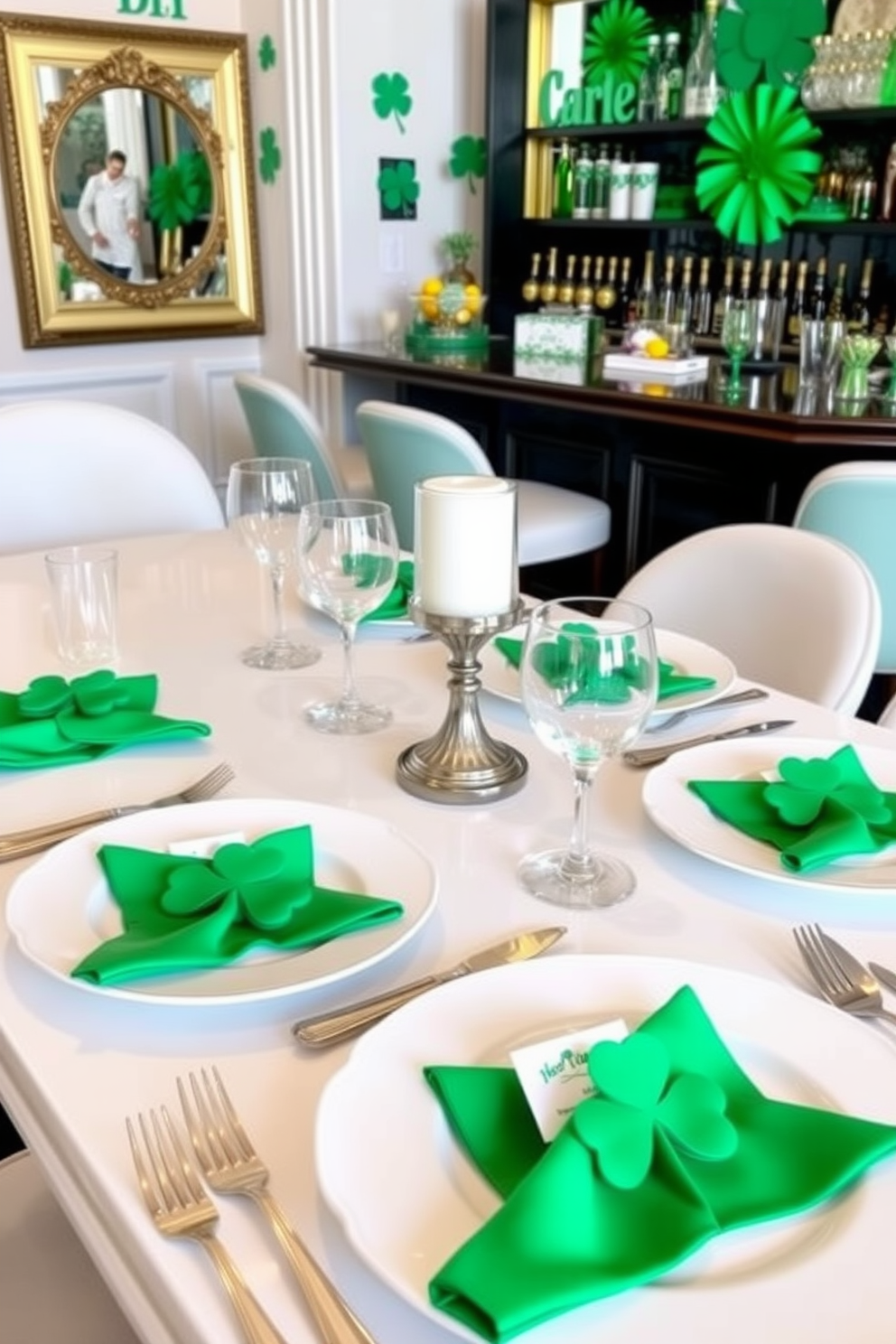 A charming table setting for St. Patrick's Day featuring elegant white dishes and vibrant green napkins. Each place setting includes a unique shamrock place card, adding a festive touch to the dining experience. A stylish bar area adorned with green and gold accents to celebrate St. Patrick's Day. The bar is decorated with shamrock-themed decor and offers an array of green cocktails and festive drinkware.