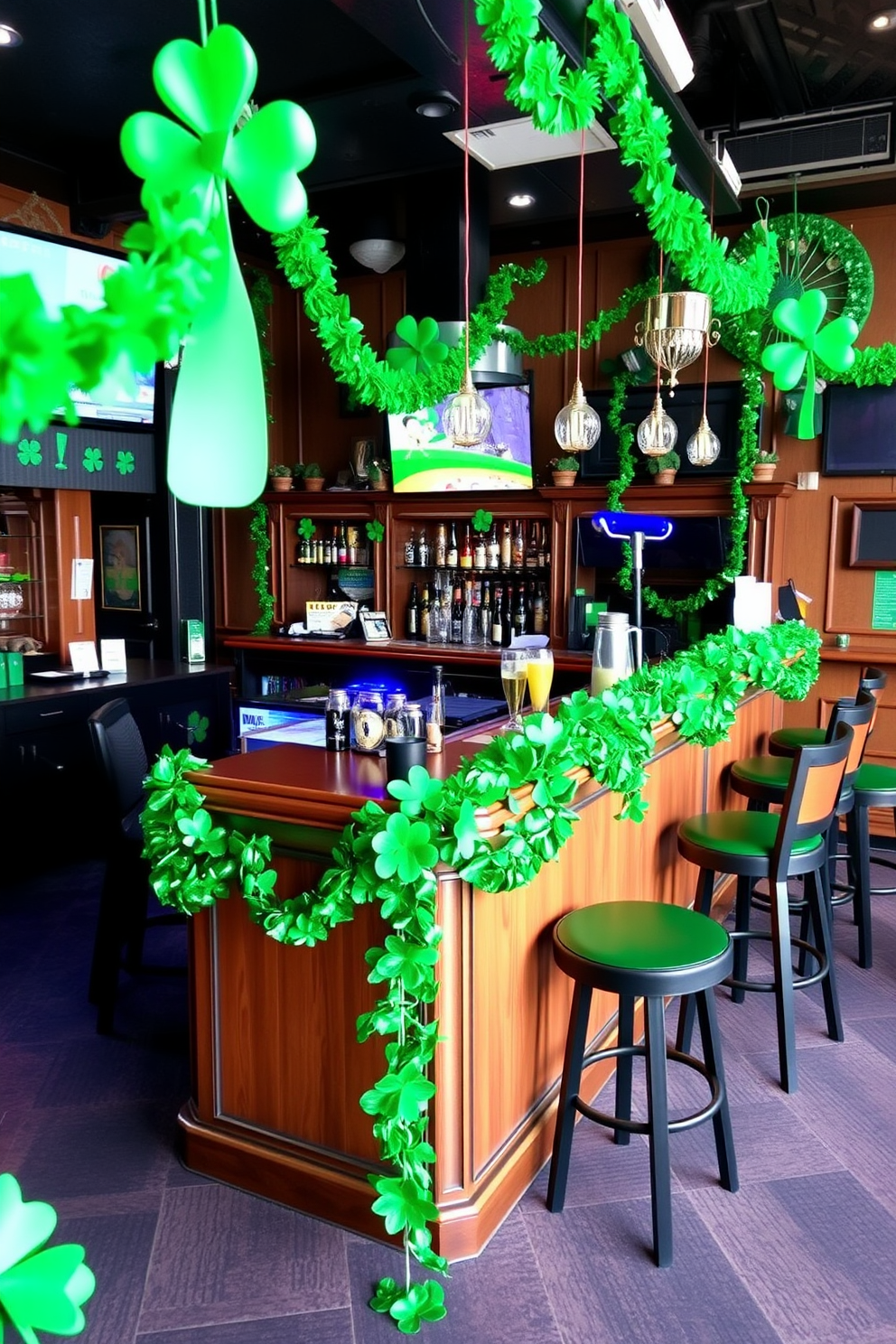 A vibrant bar area decorated for St. Patrick's Day features Irish flag bunting strung across the ceiling, adding a festive flair to the space. The bar is adorned with green and gold accents, including shamrock decorations and themed glassware, creating an inviting atmosphere for celebrations.