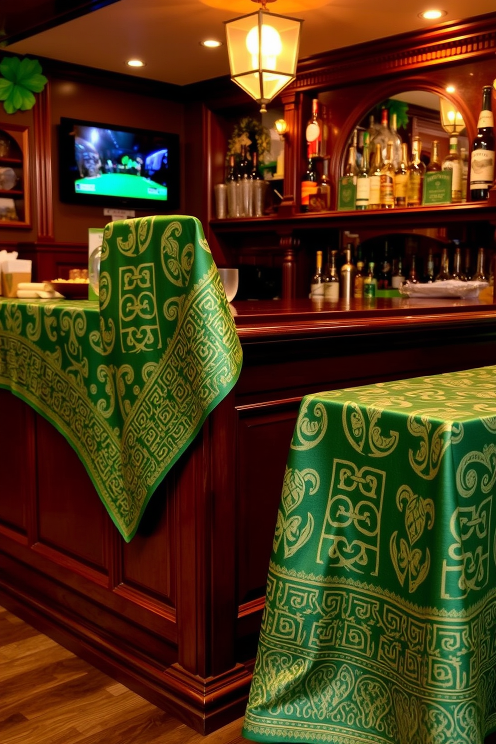 A cozy bar area adorned with a Celtic pattern tablecloth that drapes elegantly over the polished wooden bar. The tablecloth features intricate green and gold designs, creating a festive atmosphere perfect for St. Patrick's Day celebrations.