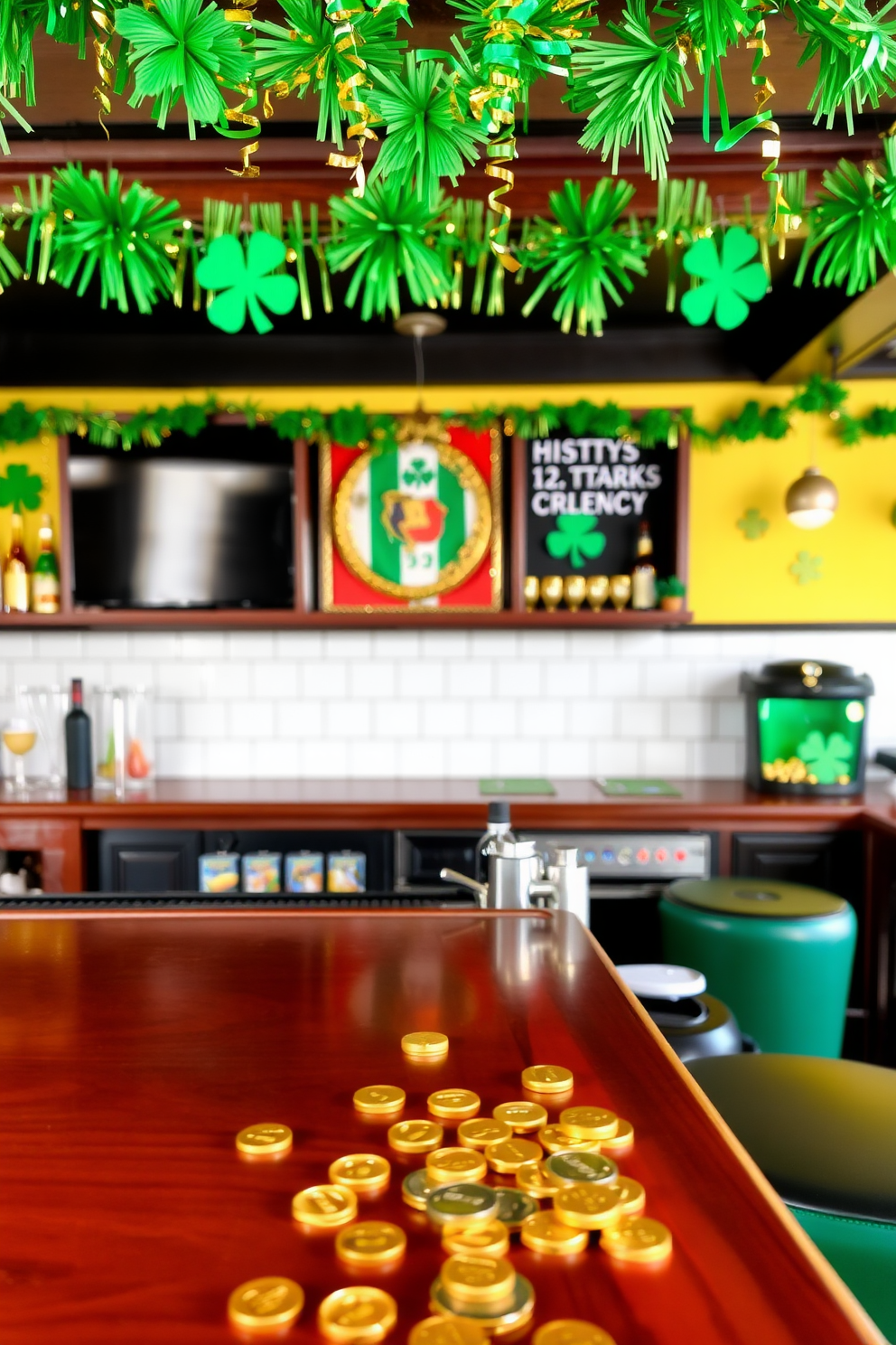 Painted beer bottles in vibrant green and gold hues are arranged artistically on a rustic wooden shelf. The bar area features a festive St. Patrick's Day theme with shamrock accents and twinkling fairy lights creating a warm and inviting atmosphere.