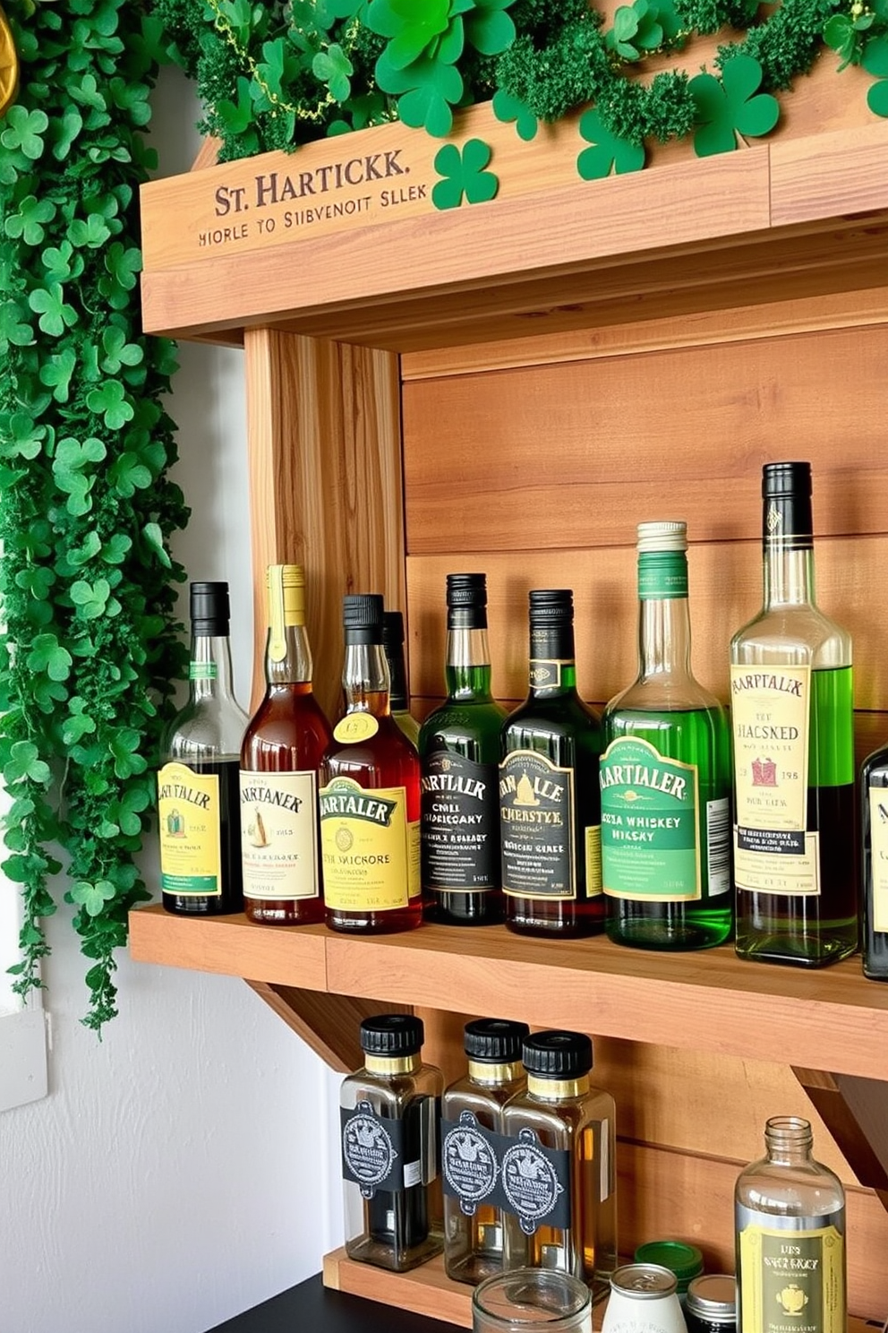 A cozy bar area featuring vintage Irish whiskey bottles arranged on a reclaimed wood shelf. The backdrop is adorned with green and gold accents, creating a festive atmosphere for St. Patrick's Day celebrations.