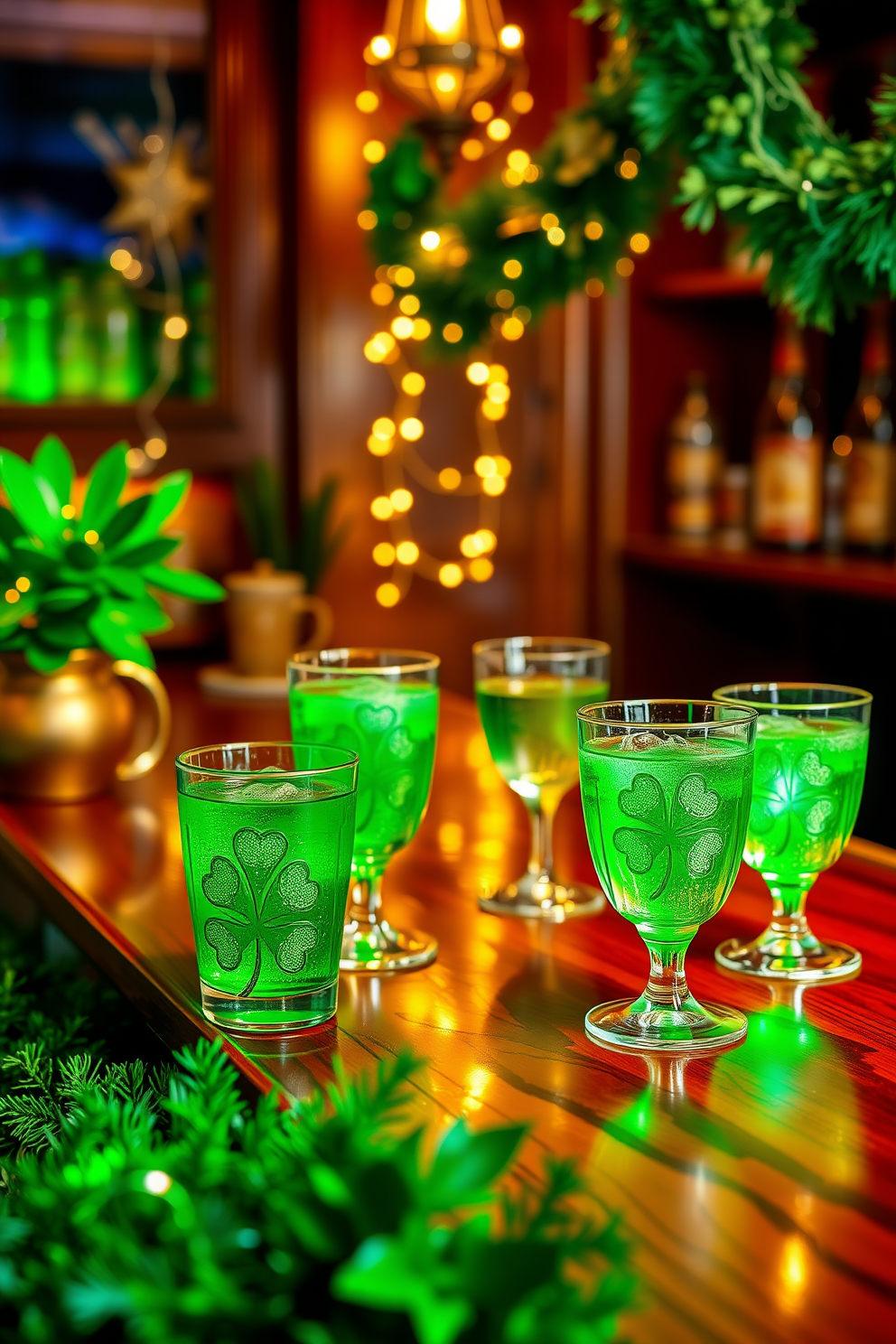 Festive green drinkware is elegantly arranged on a polished wooden bar countertop, creating a vibrant atmosphere for St. Patrick's Day celebrations. The drinkware features intricate shamrock designs, complemented by sparkling gold accents, and is surrounded by lush green decorations and twinkling fairy lights.