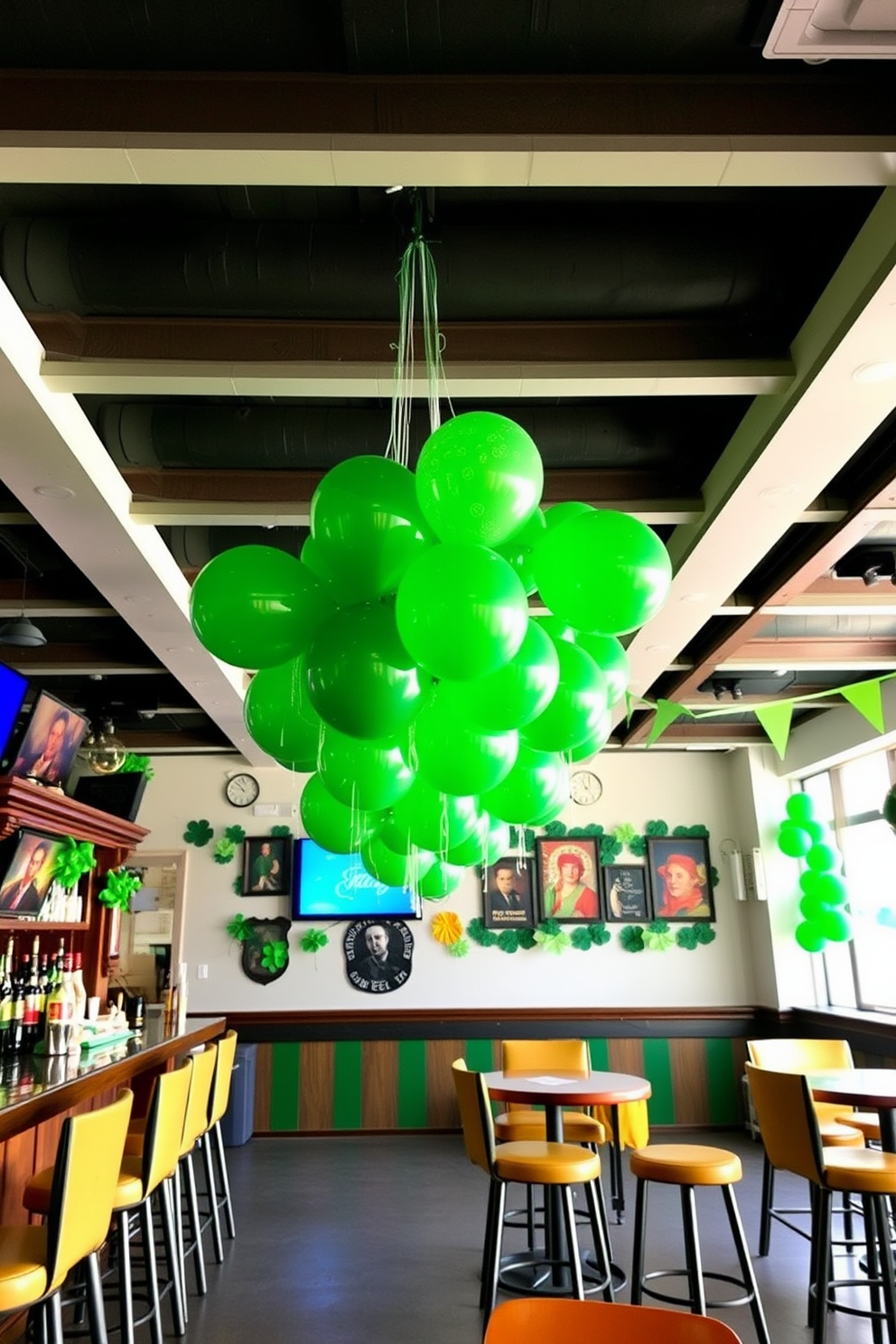 Create a festive bar area decorated for St. Patrick's Day. The ceiling is adorned with clusters of hanging green balloons, creating a lively atmosphere for celebrations.