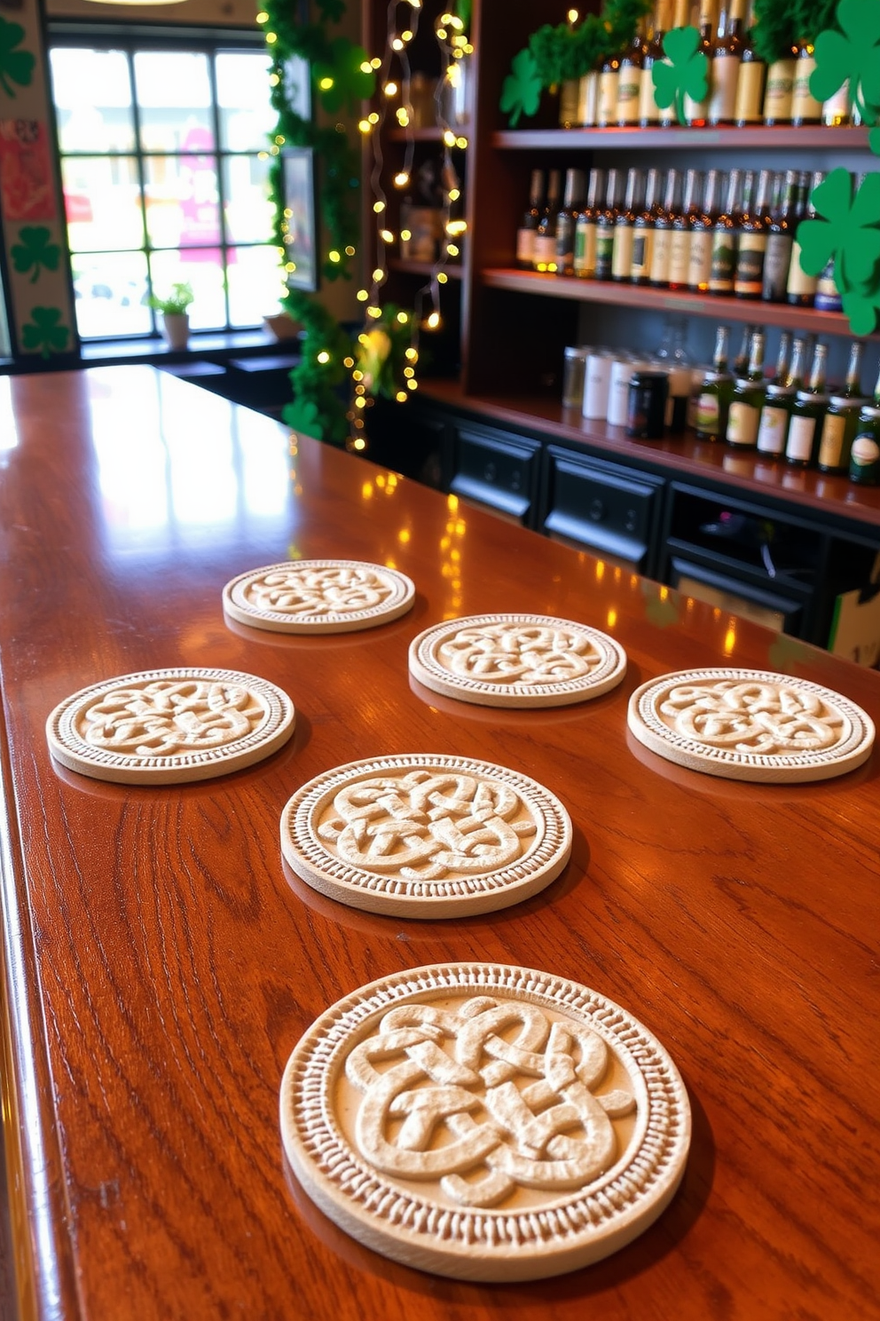 Celtic knot coasters are elegantly arranged on a polished wooden bar top, each featuring intricate designs that celebrate Irish heritage. The bar area is adorned with green accents, including shamrock decorations and twinkling fairy lights, creating a festive atmosphere for St. Patrick's Day celebrations.