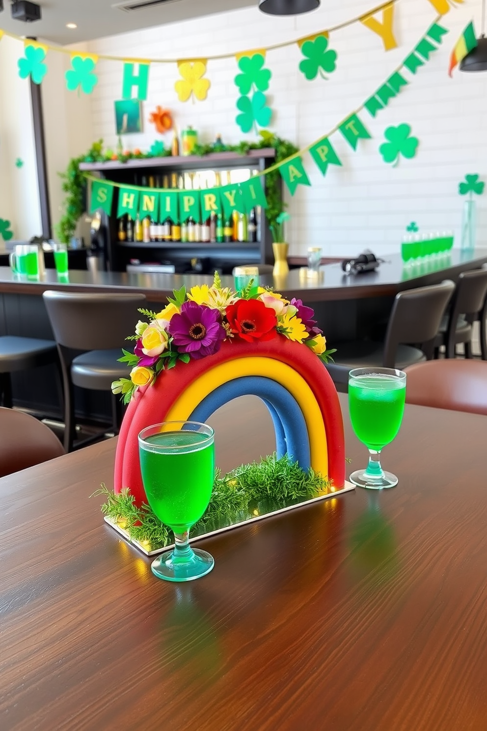 A vibrant decorative rainbow centerpiece is placed on a sleek wooden table, featuring an array of colorful flowers and greenery. The centerpiece is complemented by small gold accents and twinkling fairy lights for a festive touch. The bar area is adorned with St. Patrick's Day decorations, including green and gold banners and shamrock motifs. Elegant glassware filled with green beverages adds to the celebratory atmosphere, creating a lively and inviting space.