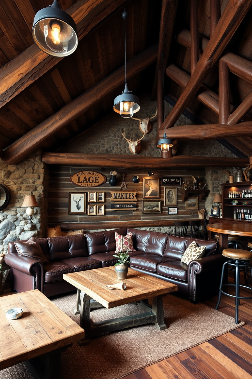 A rustic man cave featuring exposed wood beams and stone accents creates a warm and inviting atmosphere. The space includes a large leather sectional sofa, a reclaimed wood coffee table, and a vintage-style bar area with high stools. The walls are adorned with rustic decor, including mounted antlers and vintage signs. Soft lighting fixtures hang from the wooden beams, enhancing the cozy ambiance of the room.