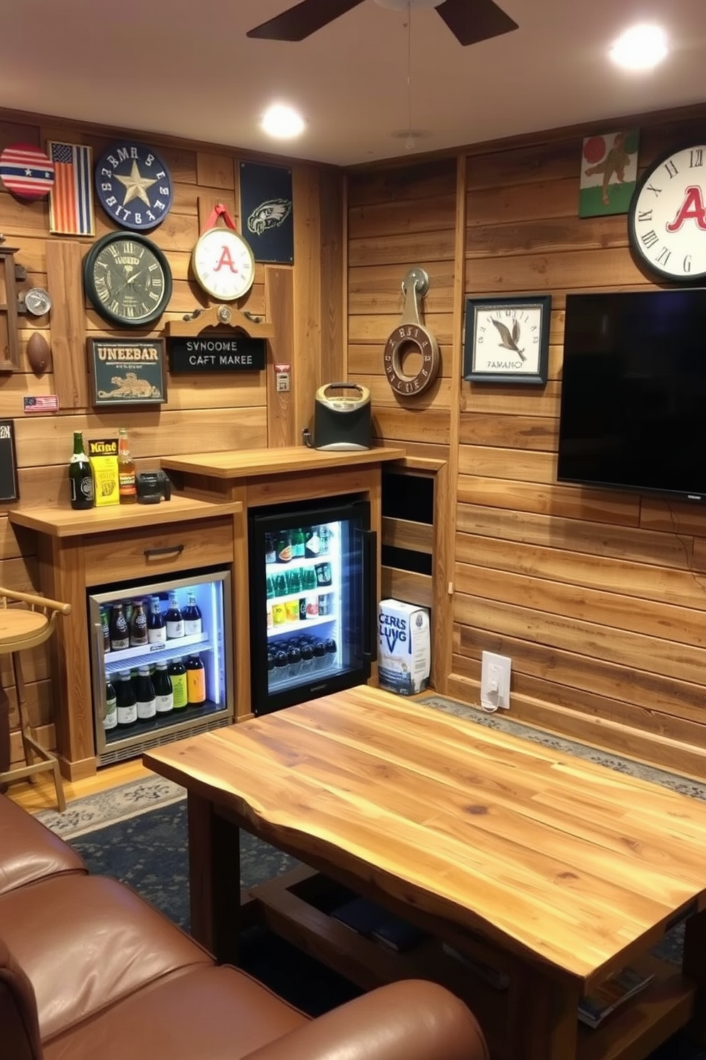 A cozy mini fridge is tucked into a rustic wooden bar area, filled with a variety of beverages including craft beers and sparkling waters. The surrounding walls are adorned with vintage barn wood, and a collection of sports memorabilia adds character to the man cave. Soft lighting illuminates the space, creating a warm and inviting atmosphere perfect for relaxation. A comfortable leather sofa faces a mounted flat-screen TV, while a handmade wooden coffee table sits in the center, inviting gatherings with friends.