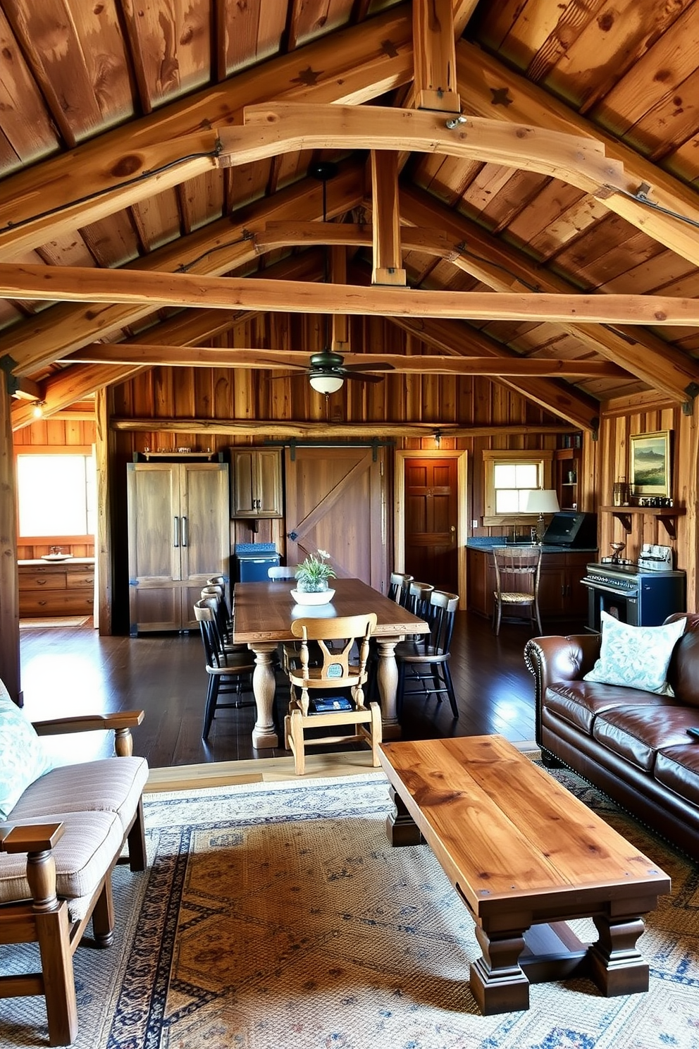 A cozy barn man cave featuring reclaimed wood furniture that adds rustic charm and character. The space includes a large reclaimed wood dining table surrounded by mismatched chairs, and a comfortable seating area with a leather sofa and a reclaimed wood coffee table.