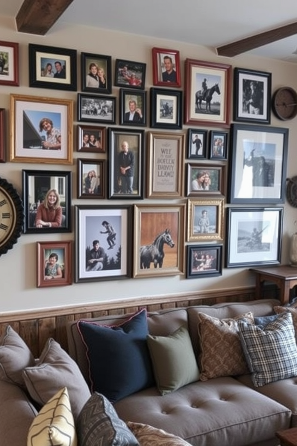 A gallery wall featuring an eclectic mix of framed photos showcasing memorable moments and artistic prints. The arrangement includes various frame styles and colors, creating a vibrant focal point in the room. Incorporating barn elements, the man cave design features reclaimed wood accents and vintage decor. A rustic bar area complements the cozy seating, inviting relaxation and social gatherings.