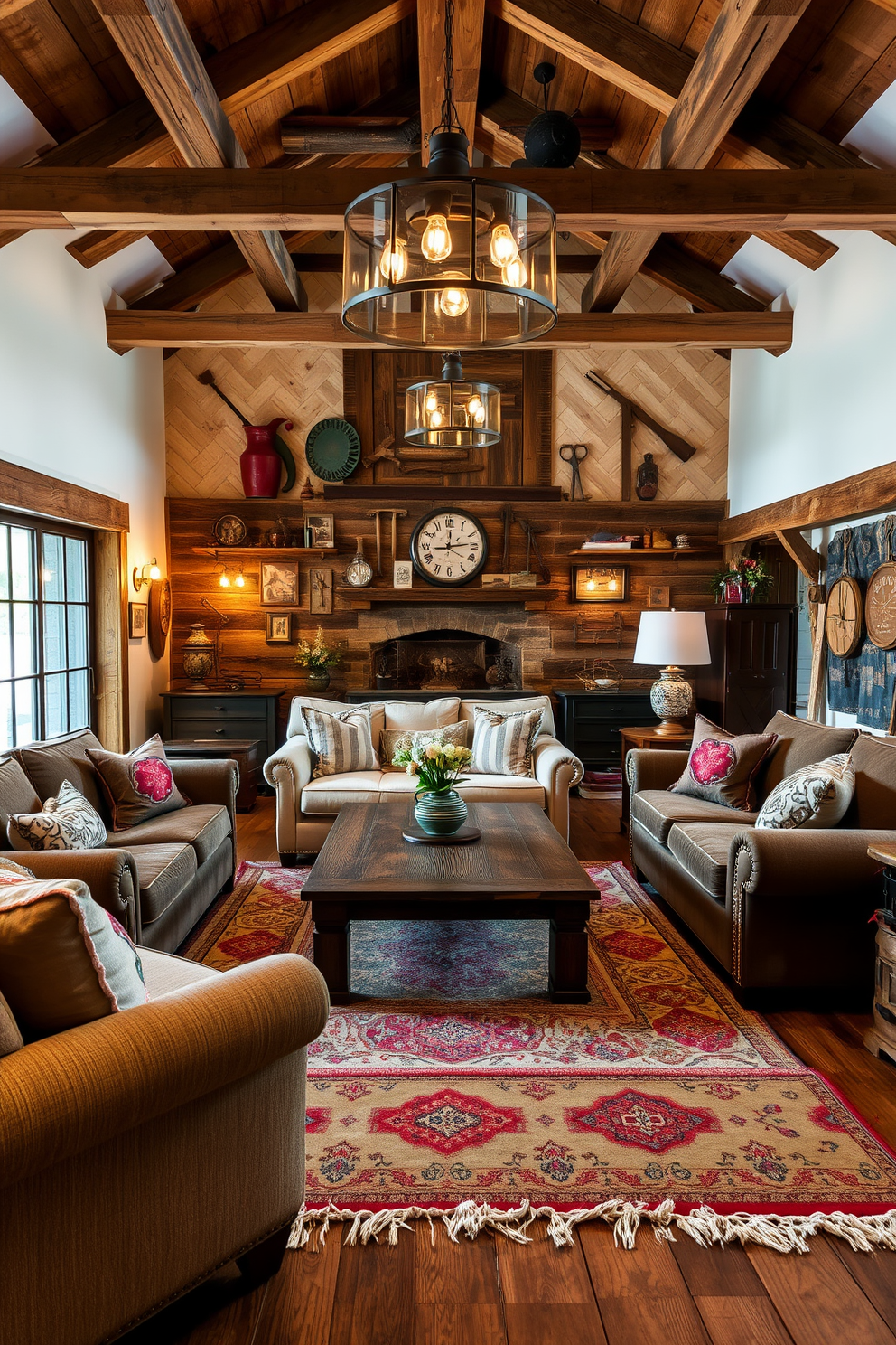 A comfortable lounge area featuring plush seating arranged around a rustic coffee table. The space is adorned with soft rugs that add warmth, while exposed wooden beams and vintage decor create a cozy atmosphere. Incorporate elements of a barn man cave with a combination of reclaimed wood accents and industrial lighting. The walls showcase vintage farm tools and memorabilia, enhancing the character of the room.