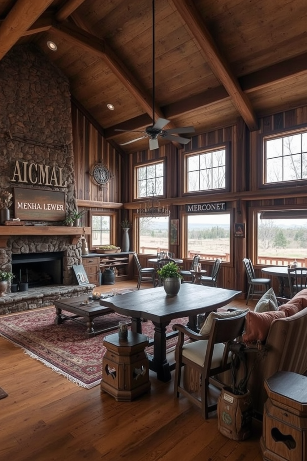 A cozy lounge area designed for relaxation features a plush sectional sofa adorned with an array of colorful throw pillows. The space is illuminated by warm lighting, creating an inviting atmosphere perfect for gatherings. The barn man cave is styled with rustic wooden beams and vintage decor elements that reflect a charming countryside aesthetic. A large mounted deer head serves as a focal point above the stone fireplace, surrounded by comfortable seating and a well-stocked bar.