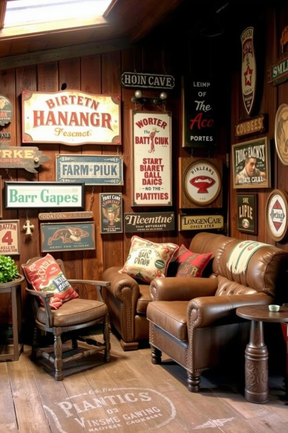 A cozy barn man cave featuring reclaimed wood walls that exude rustic charm. The space includes comfortable leather seating and a vintage wooden bar with rustic accents.