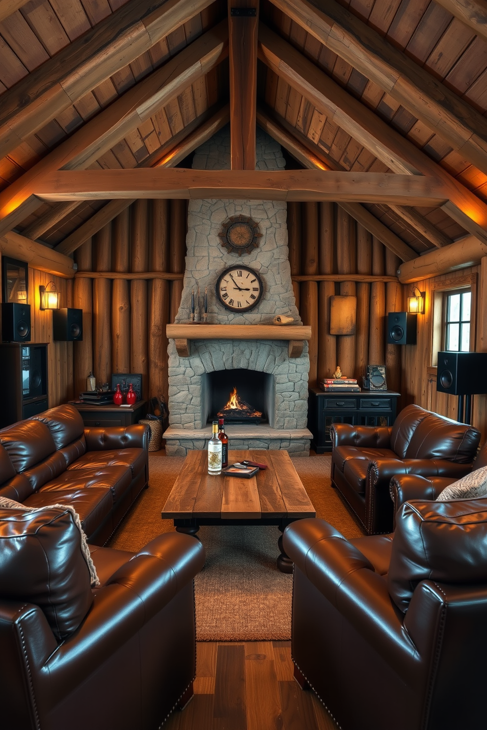 A cozy barn man cave with rustic wooden beams and a stone fireplace as the focal point. Plush leather seating is arranged around a reclaimed wood coffee table, creating an inviting atmosphere for relaxation and entertainment. The sound system is integrated seamlessly into the design, with speakers mounted discreetly in the corners. Warm ambient lighting enhances the overall vibe, while vintage decor items add character to the space.