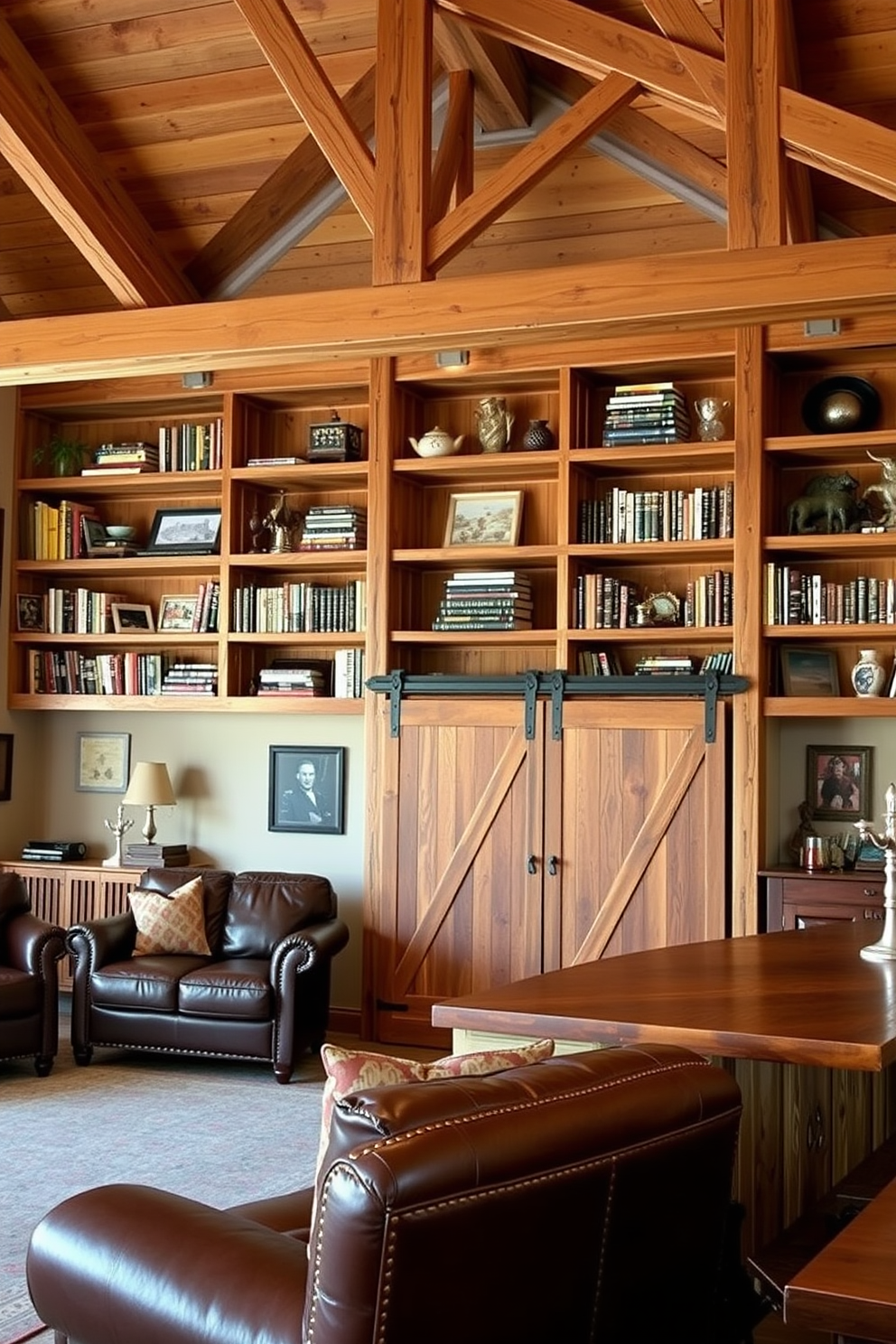 Custom shelving for books and collectibles. The shelves are crafted from reclaimed wood, showcasing a rustic charm while providing ample space for various items. Barn Man Cave Design Ideas. The space features exposed wooden beams, a cozy seating area with leather sofas, and a bar made from a repurposed barn door.