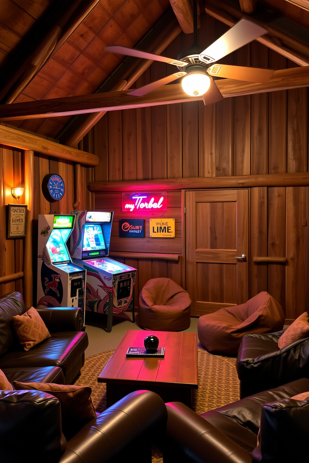 A cozy barn man cave features rustic wooden beams and a stone fireplace that creates a warm atmosphere. Unique lighting fixtures, such as vintage pendant lights and industrial sconces, enhance the ambiance while providing a charming focal point.