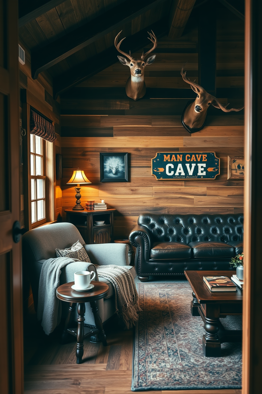 Cozy reading nook with a plush armchair in a soft, inviting fabric. A small wooden side table holds a steaming cup of tea and a stack of books, while a warm throw blanket drapes over the armchair. Barn man cave design featuring reclaimed wood walls and vintage decor. A leather sofa faces a rustic coffee table, with a mounted deer head and a vintage sign adding character to the space.