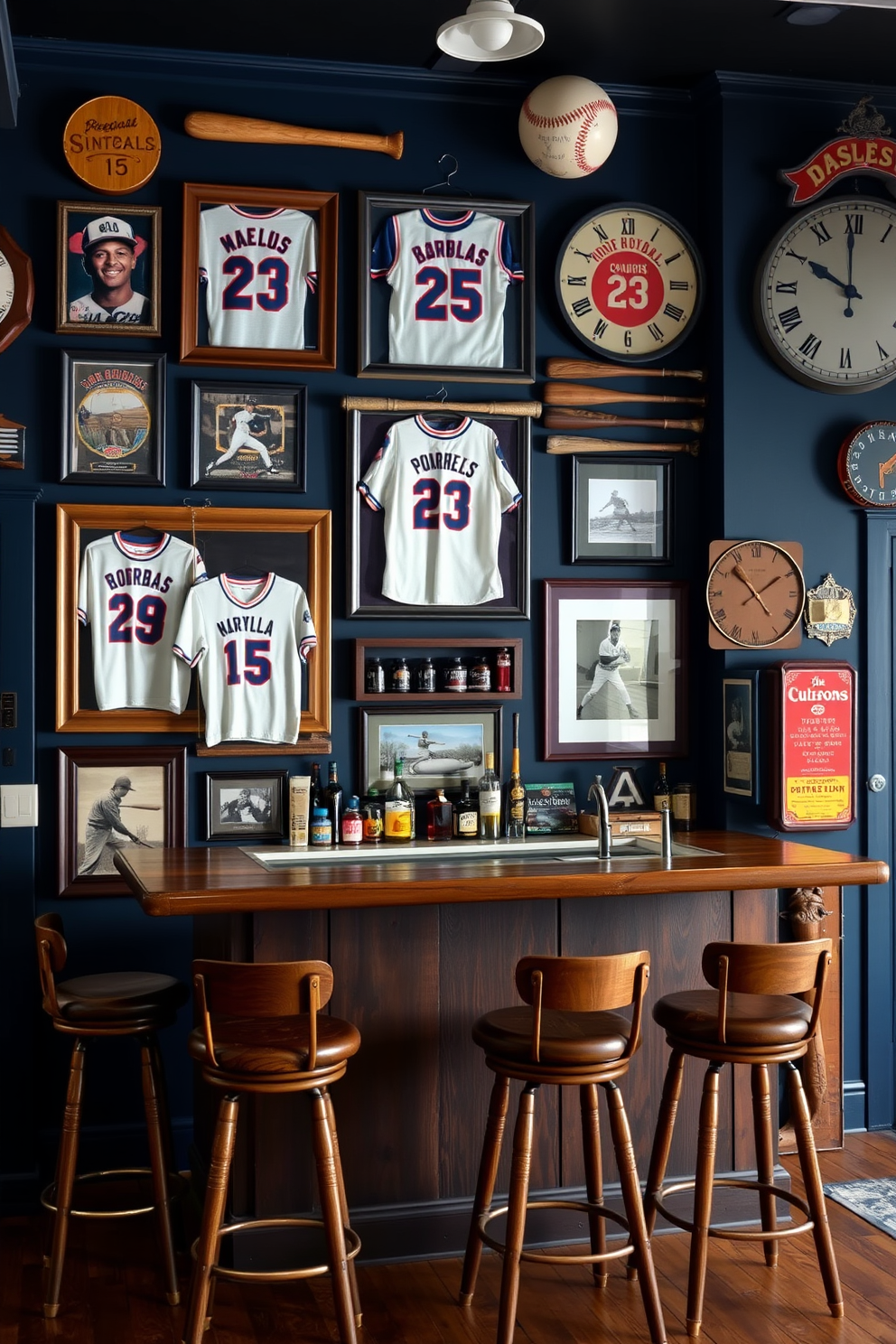 A vintage sports memorabilia display wall features an assortment of framed jerseys, autographed photographs, and vintage baseball bats arranged in a cohesive layout. The wall is painted in a deep navy blue, providing a striking backdrop that enhances the vibrant colors of the memorabilia. In the center of the man cave, a rustic wooden bar with high stools invites relaxation and conversation. The space is adorned with vintage signs and memorabilia that reflect a love for sports, creating a warm and inviting atmosphere perfect for gatherings.