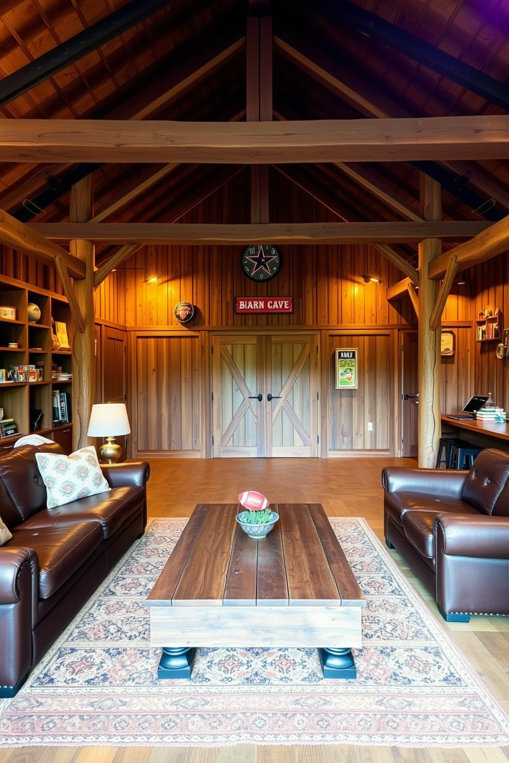 Create a cozy barn man cave featuring personalized signage that reflects the owner's interests and hobbies. The space includes rustic wooden beams, comfortable leather seating, and a bar area with high stools, creating an inviting atmosphere for relaxation and entertainment.