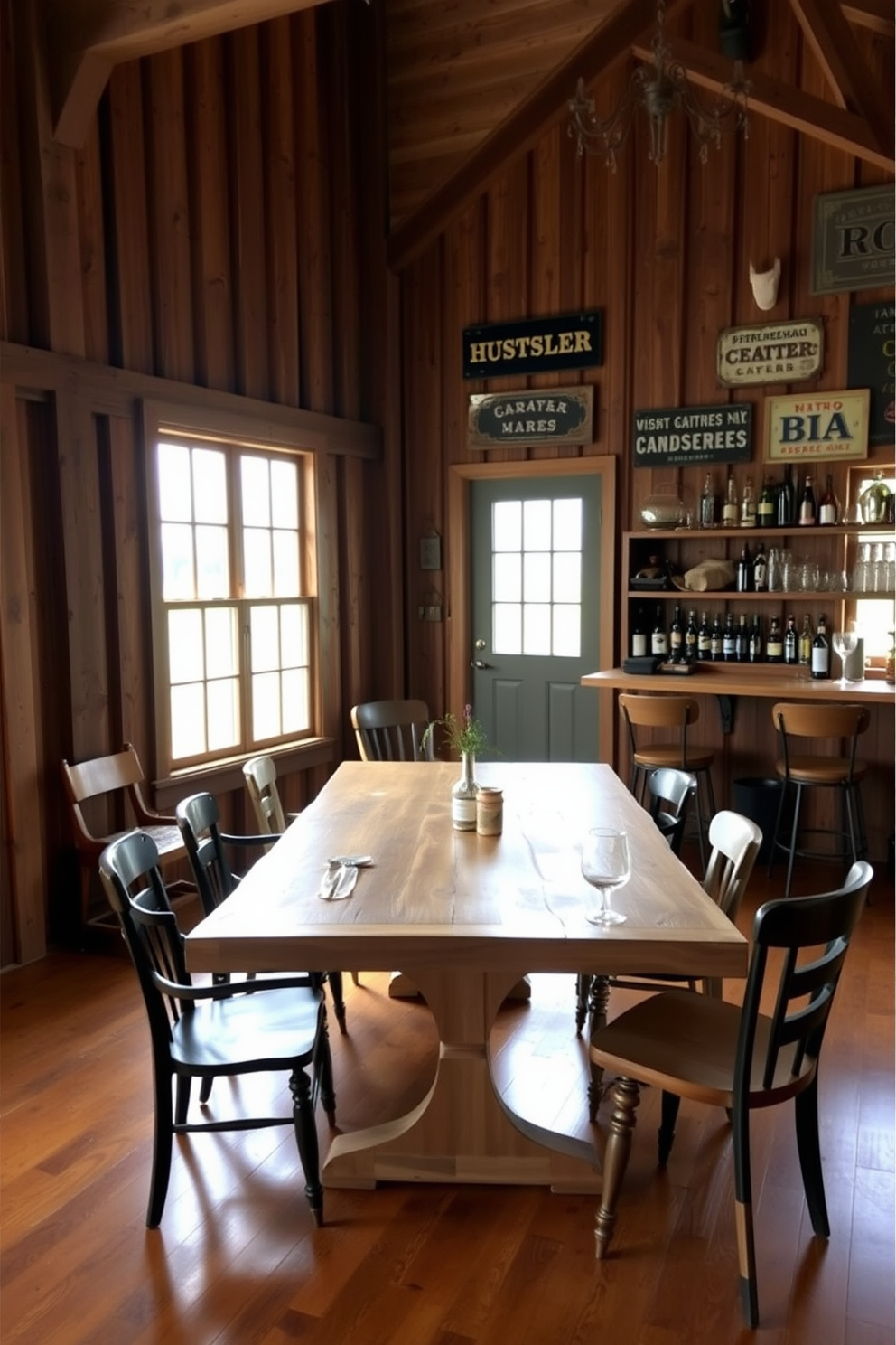 A rustic dining table made from reclaimed wood sits in the center of a cozy barn setting. Surrounding the table are mismatched chairs that add character, and large windows let in natural light, highlighting the warm tones of the wood. In the corner of the room, a stylish bar area features shelves stocked with various spirits and glassware. The walls are adorned with vintage signs and rustic decor, creating an inviting atmosphere perfect for gatherings.