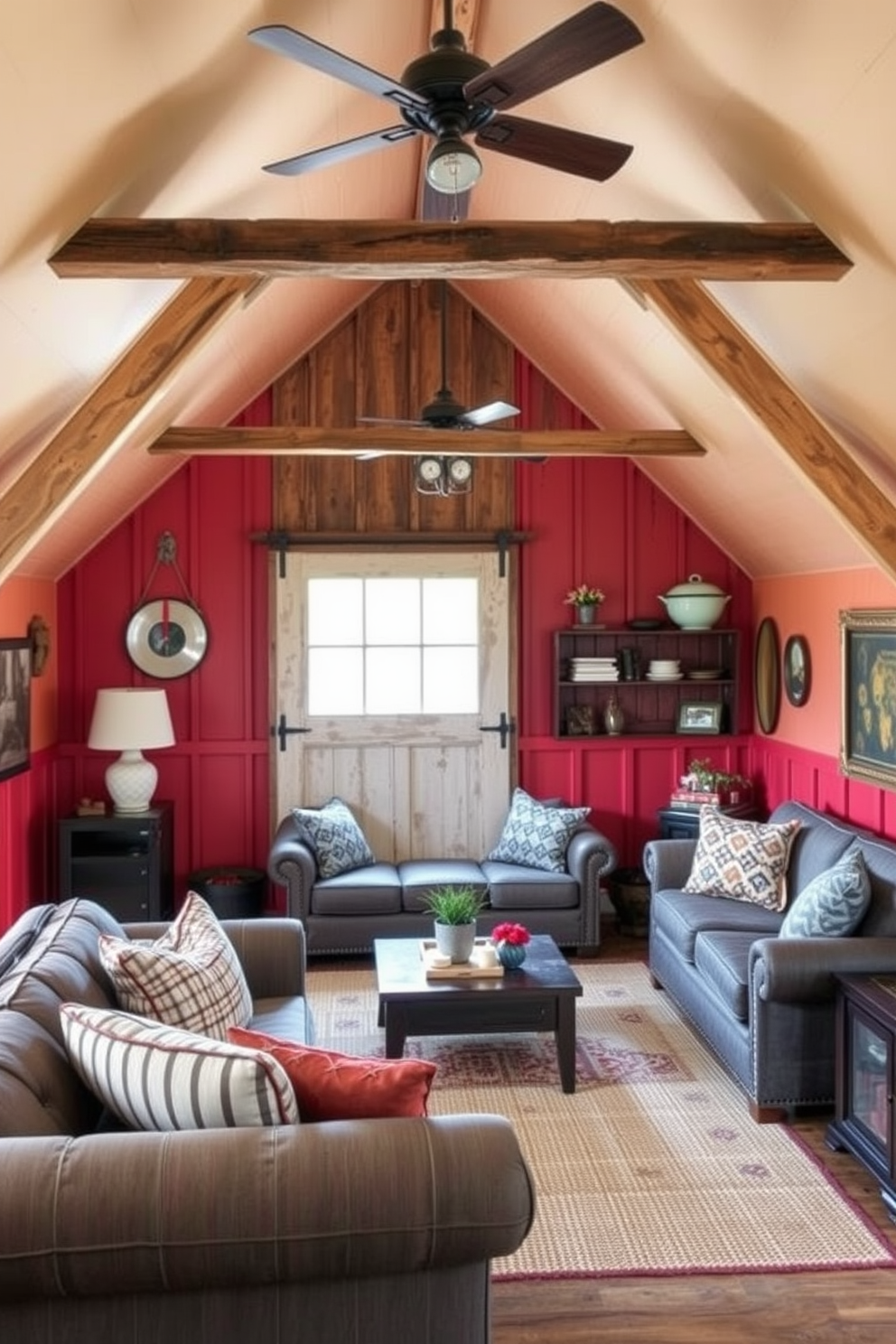 Create a cozy barn man cave with colorful accent walls that reflect personality. Include rustic wooden beams and comfortable seating arrangements, complemented by vintage decor elements.