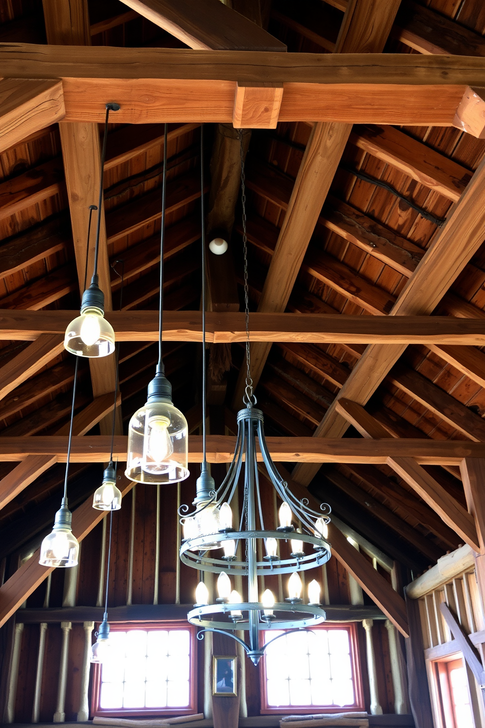 A rustic barn man cave with exposed wooden beams and a high ceiling. Unique lighting fixtures hang from the beams, including vintage-style pendant lights and a large wrought iron chandelier.